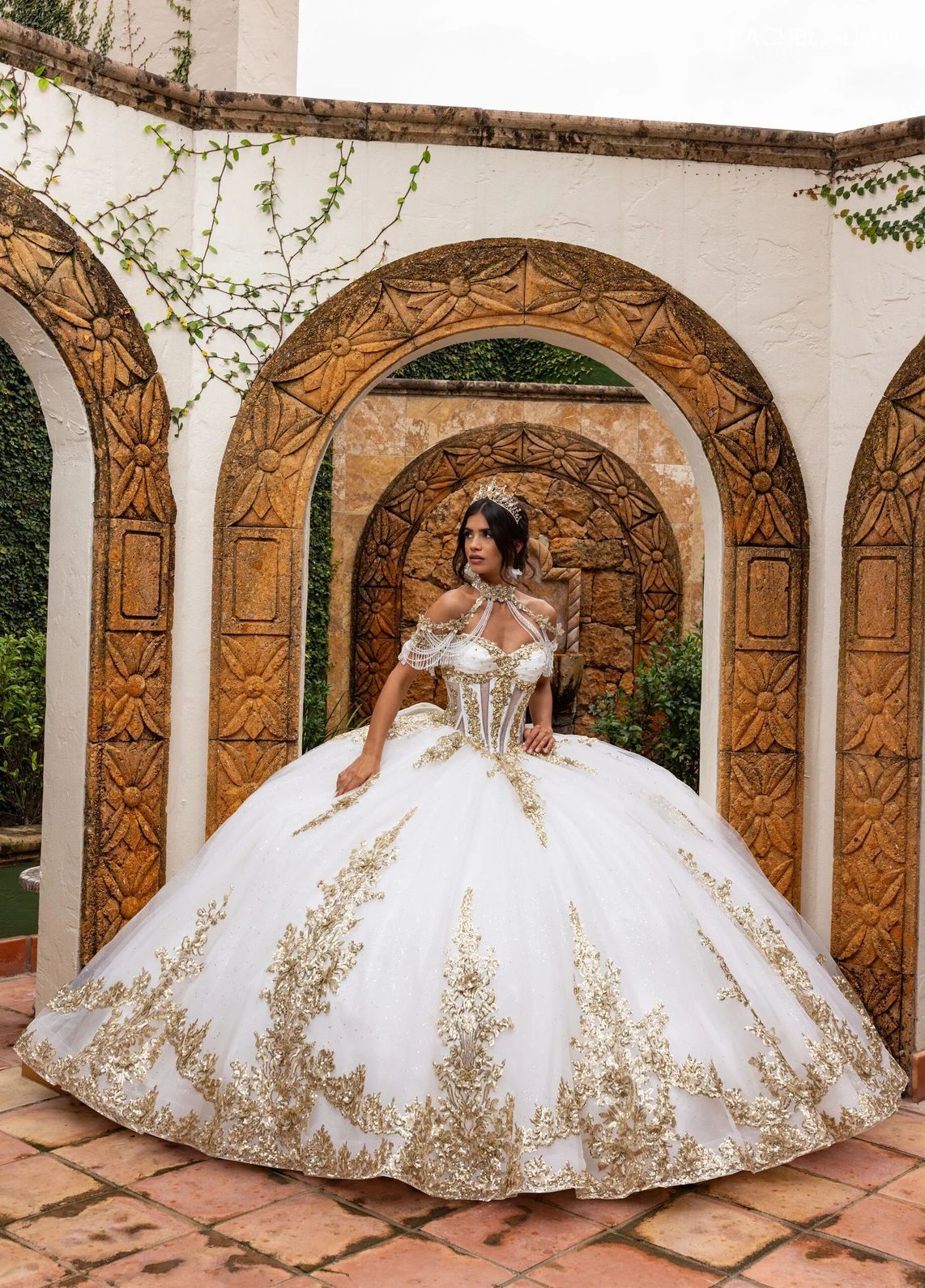 Ivory Gold Sweetheart Floor Length Glitter Tulle Quinceanera Ball Gown with 3D Floral Applique Rachel Allan RQ2225