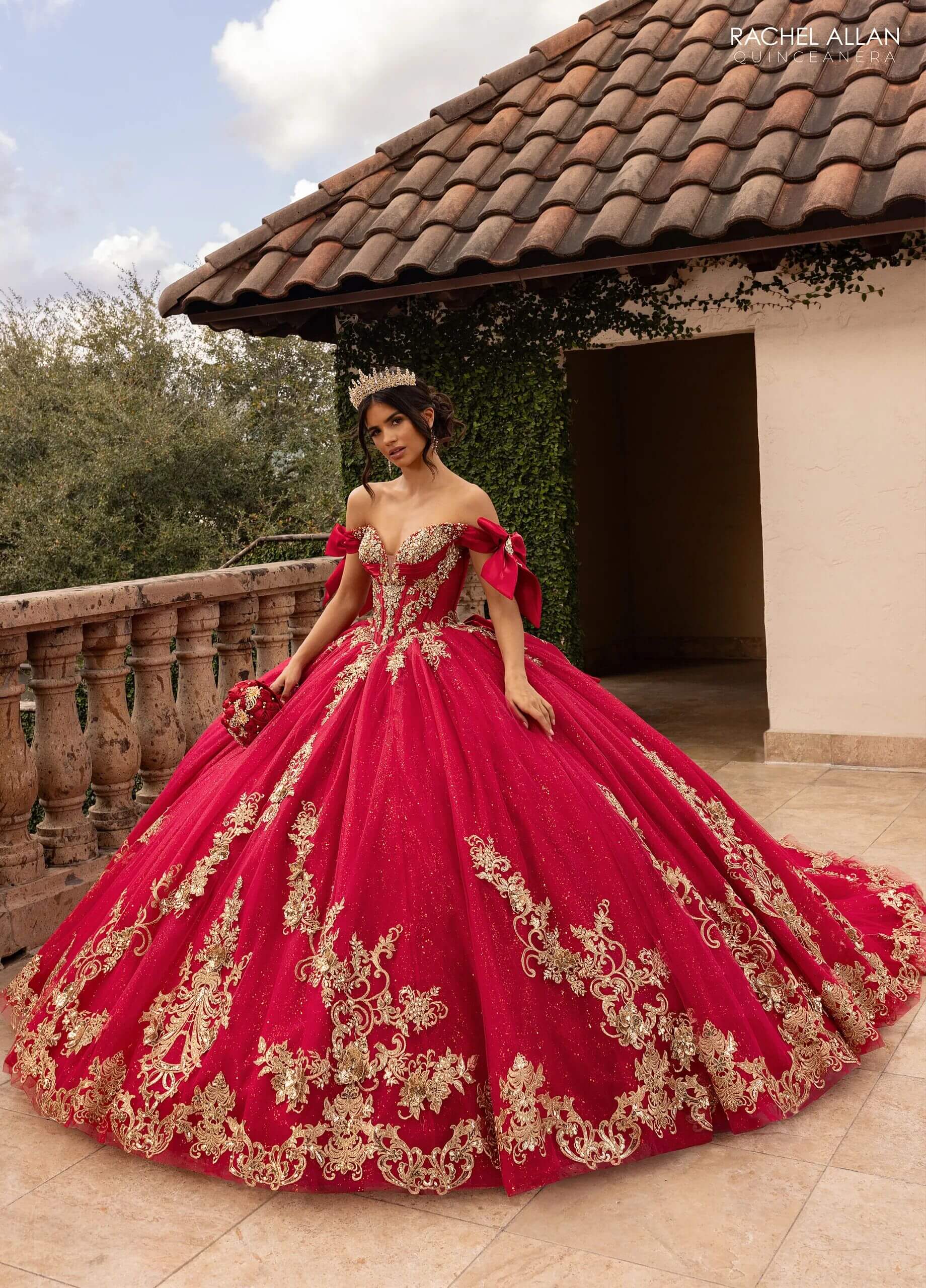 Red Gold Off the Shoulder Floor Length Glitter Tulle Quinceanera Ball Gown with 3D Floral Appliques and Detachable Rachel Allan RQ3155
