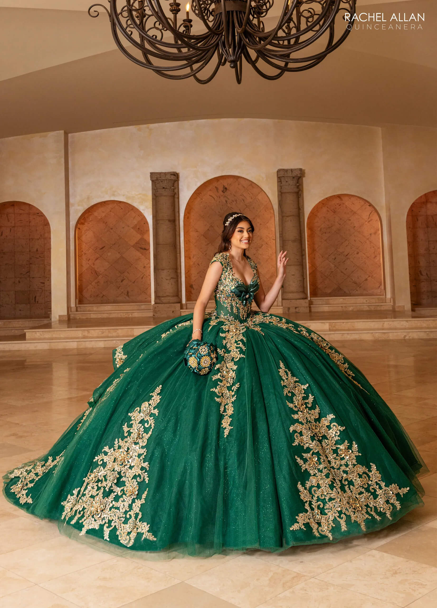 Emerald Gold V Neck Floor Length Glitter Tulle Quinceanera Ball Gown Rachel Allan RQ2244