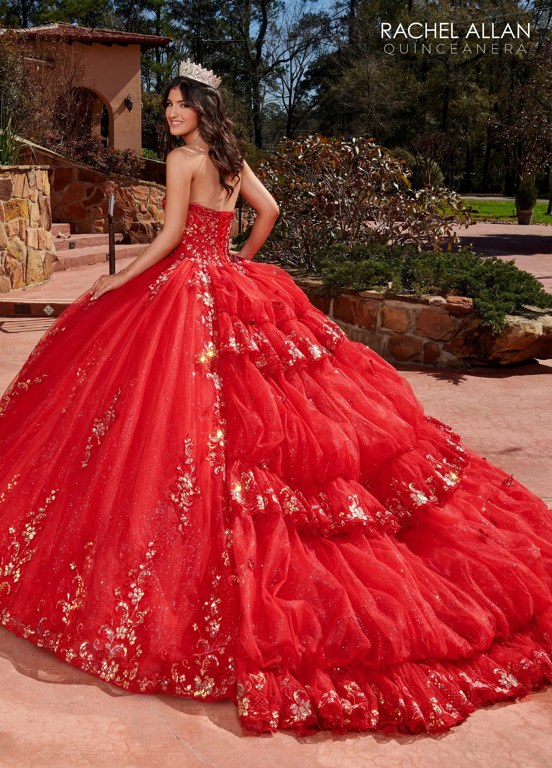 Red Sweetheart Floor-Length Glitter Tulle Quinceañera Ball Gown with Detachable Puff Sleeve Rachel Allan RQ2178