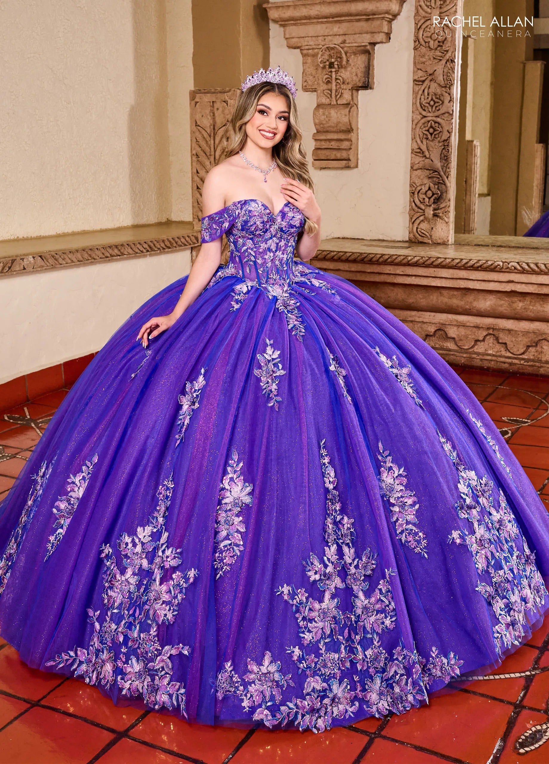 Royal Purple Sweetheart Floor Length Glitter Tulle Quinceanera Ball Gown Rachel Allan RQ2200