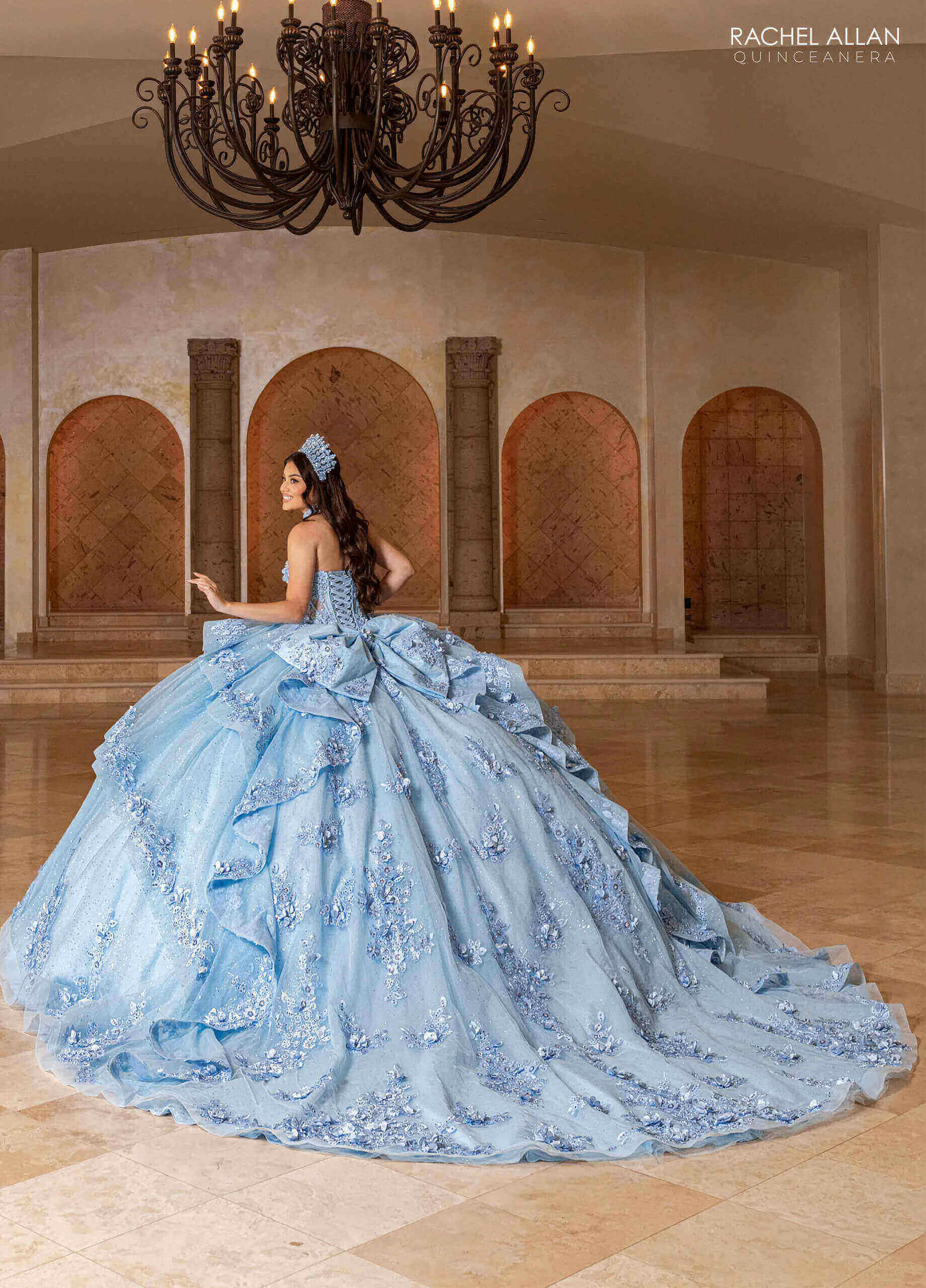Powder Blue Sweetheart Floor Length Glitter Tulle Quinceanera Ball Gown with 3D Floral Applique Rachel Allan RQ2241