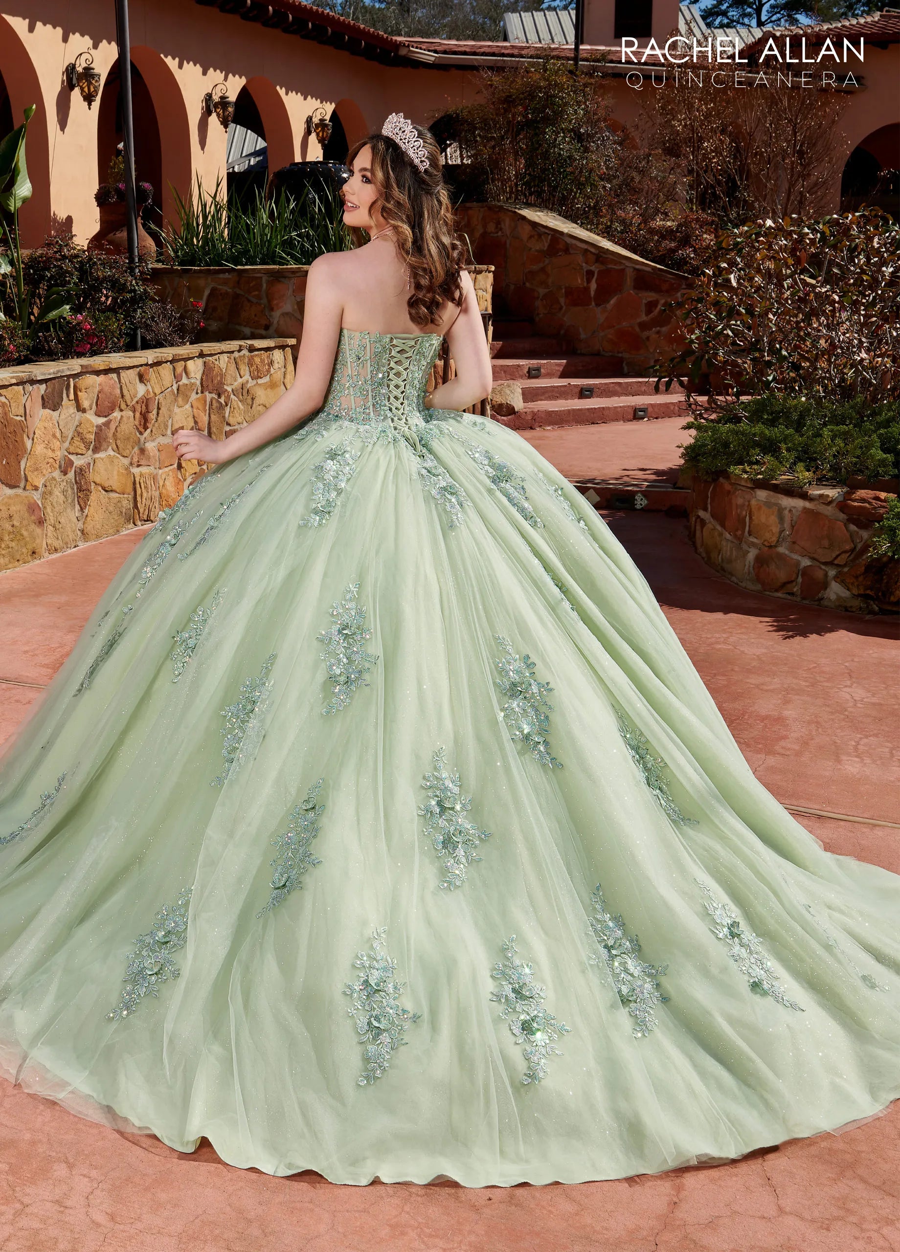 Sage Sweetheart Floor-Length Glitter Tulle Quinceanera Ball Gown with Detachable Feather Sleeves Rachel Allan RQ2171