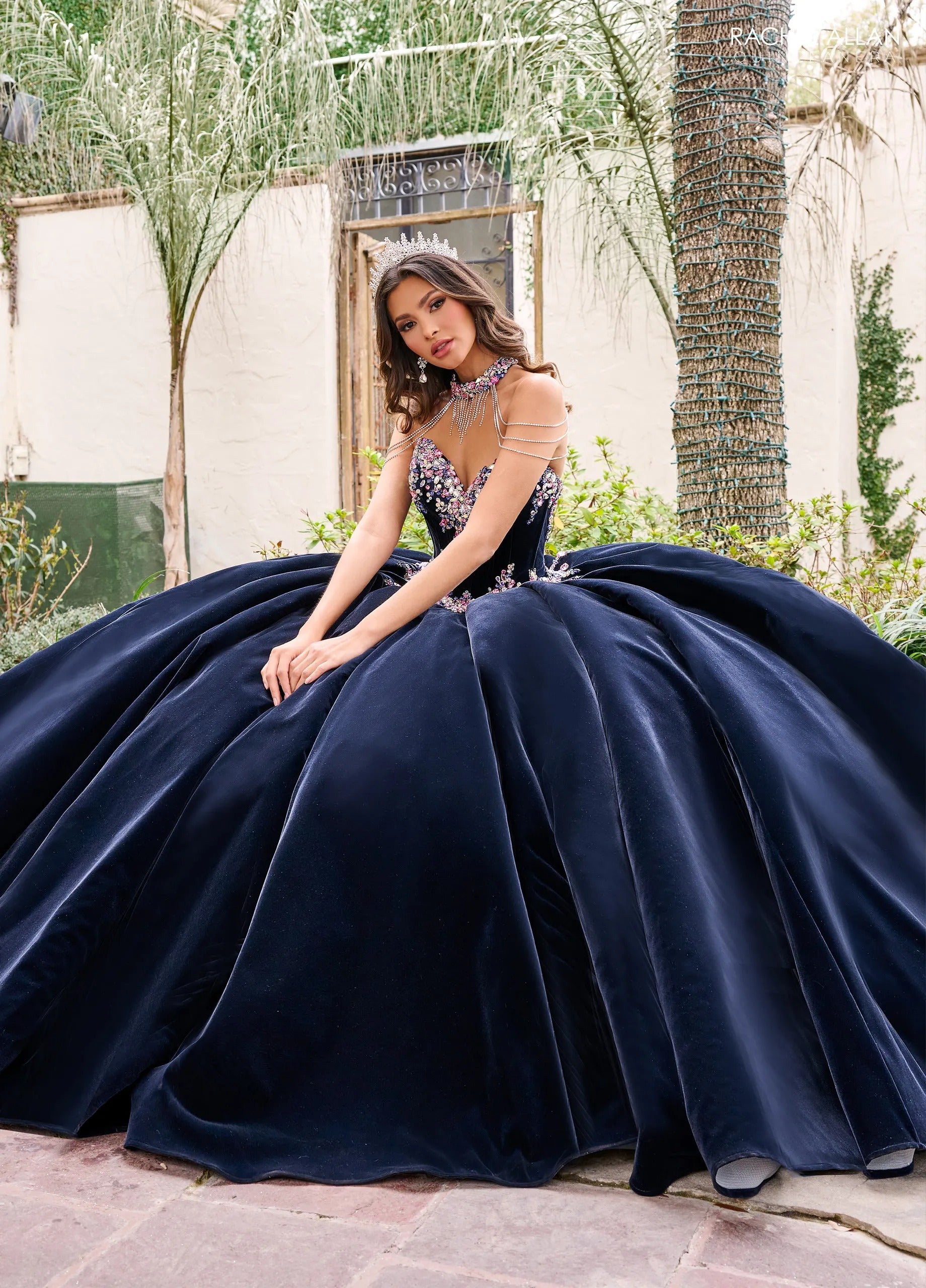 Navy Multi Sweetheart Floor Length Velvet Quinceanera Ball Gown with Floral Embroidery Rachel Allan RQ2198