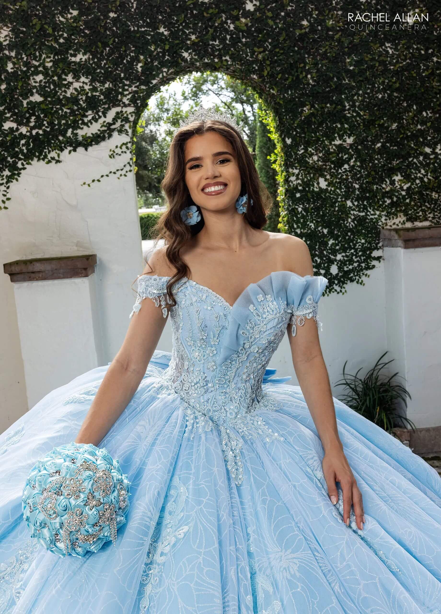 Powder Blue Off the Shoulder Floor-Length Glitter Tulle Quinceanera Ball Gown with Detachable Bow Rachel Allan RQ2246