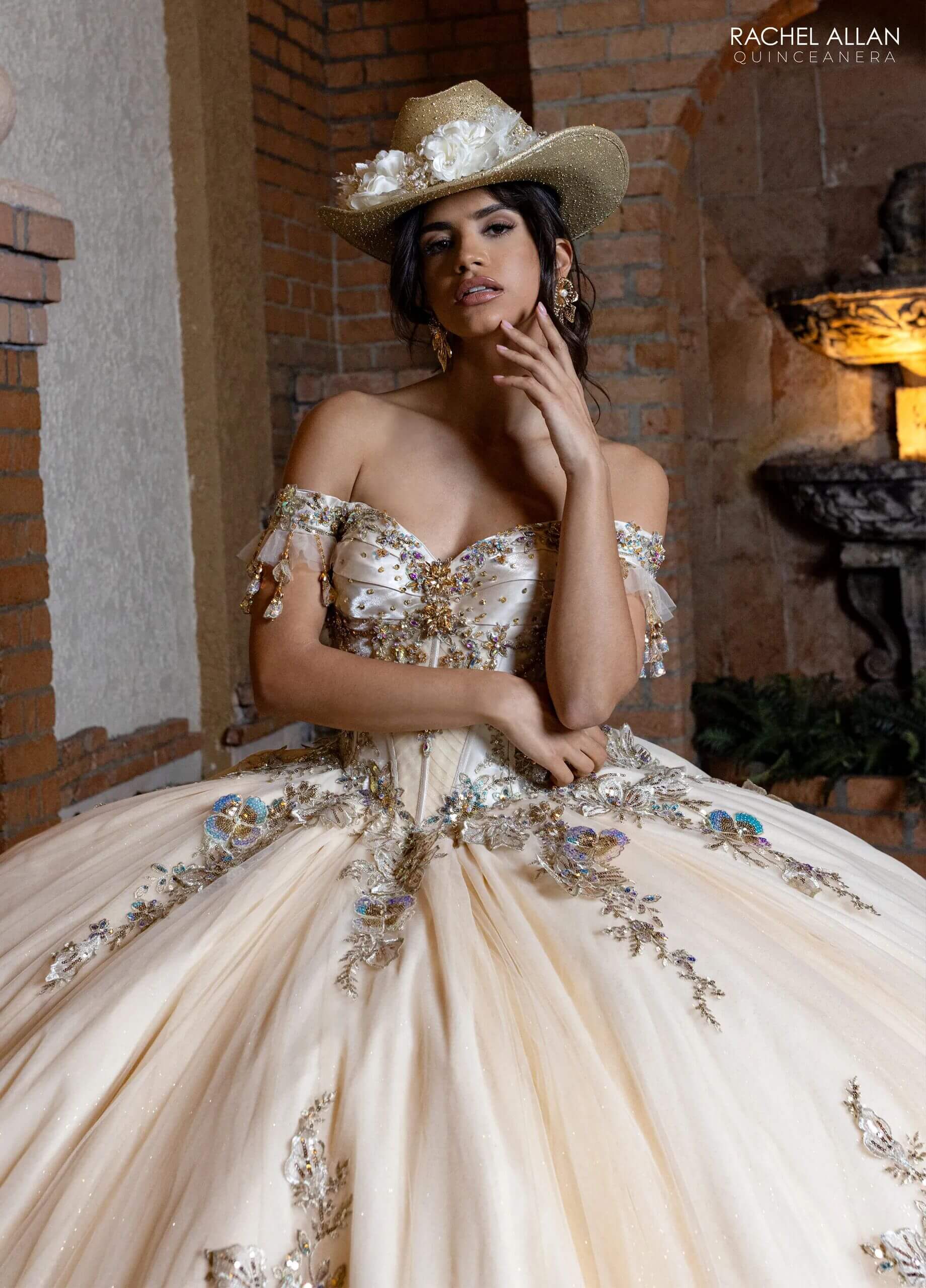 Champagne Gold Off the Shoulder Floor Length Glitter Tulle Quinceanera Ball Gown with Detachable Necklace and Bodice Liner Rachel Allan RQ2228