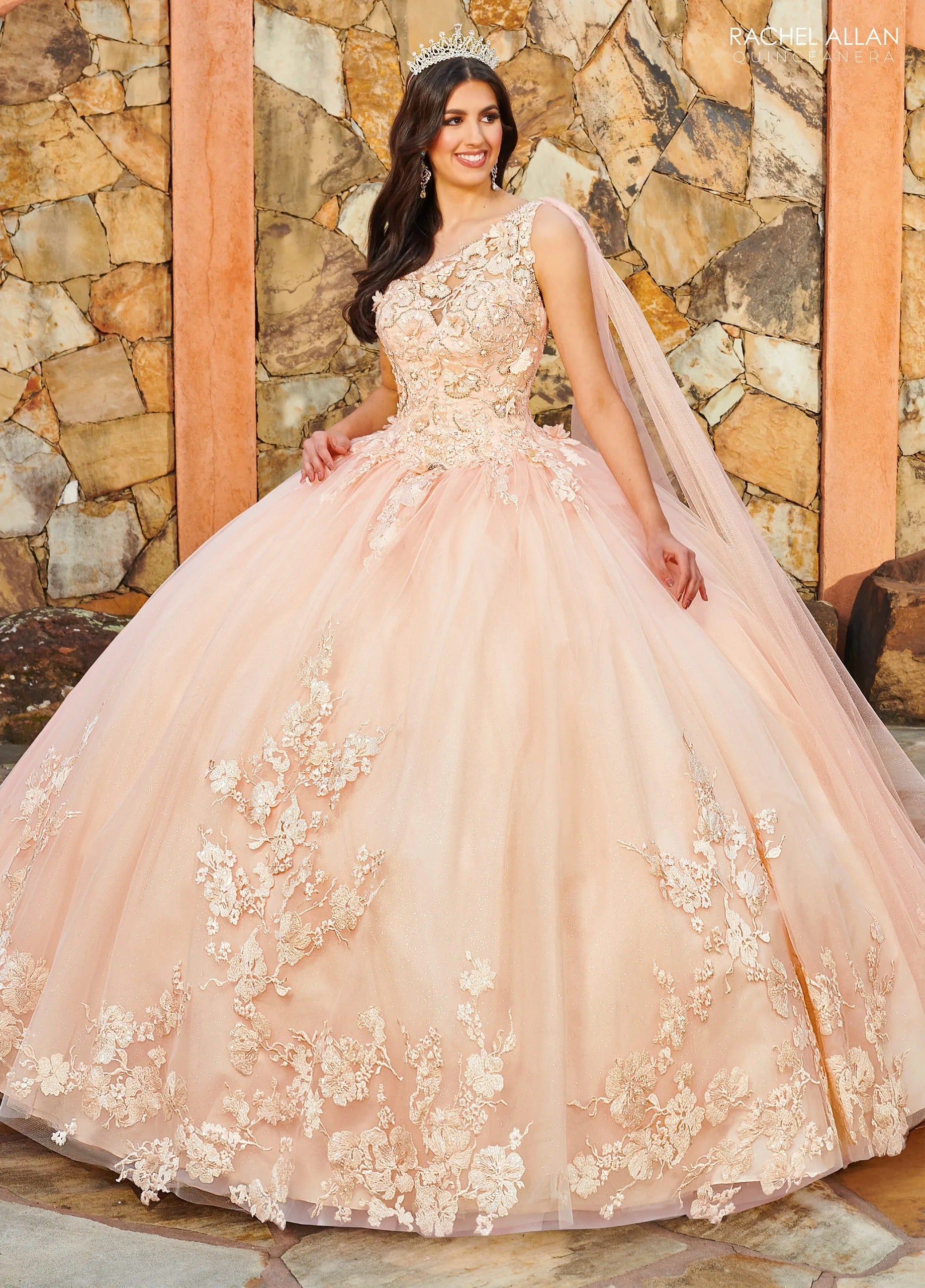 Blush One Shoulder Floor Length Glitter Tulle Quinceanera Ball Gown with Detachable Cape Rachel Allan MQ2152