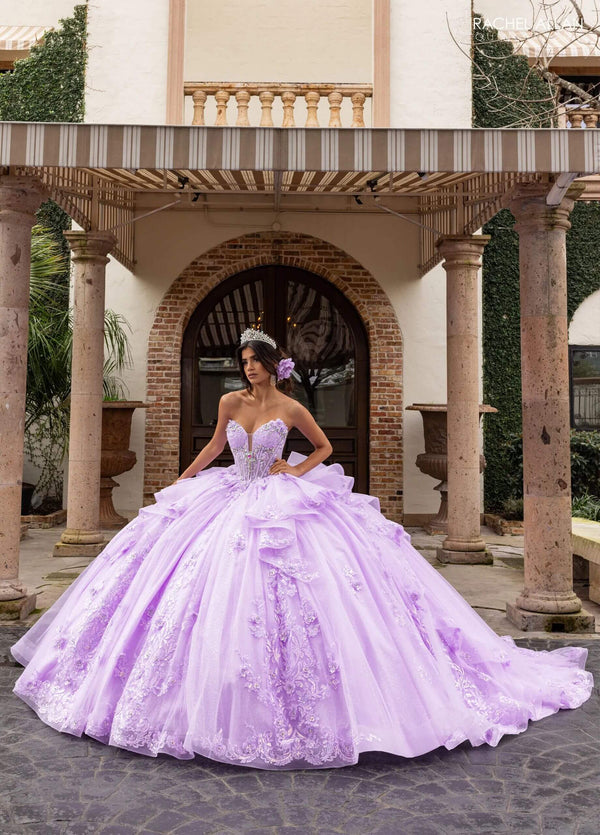 Illusion Floor Length Glitter Tulle Quinceanera Ball Gown with Cap Sleeves and Floral Back Bow Rachel Allan RQ3163