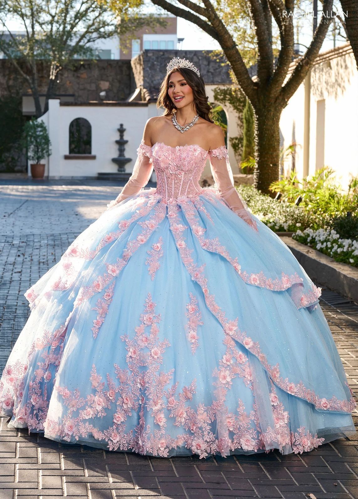 Pink Light Blue Off the Shoulder Floor Length Glitter Tulle Quinceanera Ball Gown with Floral Applique Rachel Allan RQ2196
