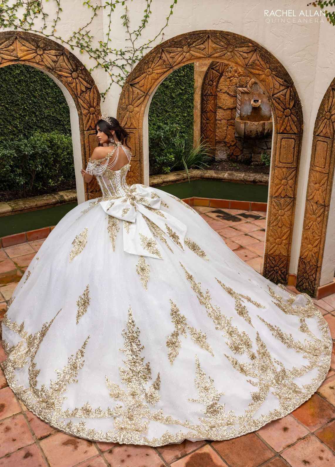 Ivory Gold Sweetheart Floor Length Glitter Tulle Quinceanera Ball Gown with 3D Floral Applique Rachel Allan RQ2225