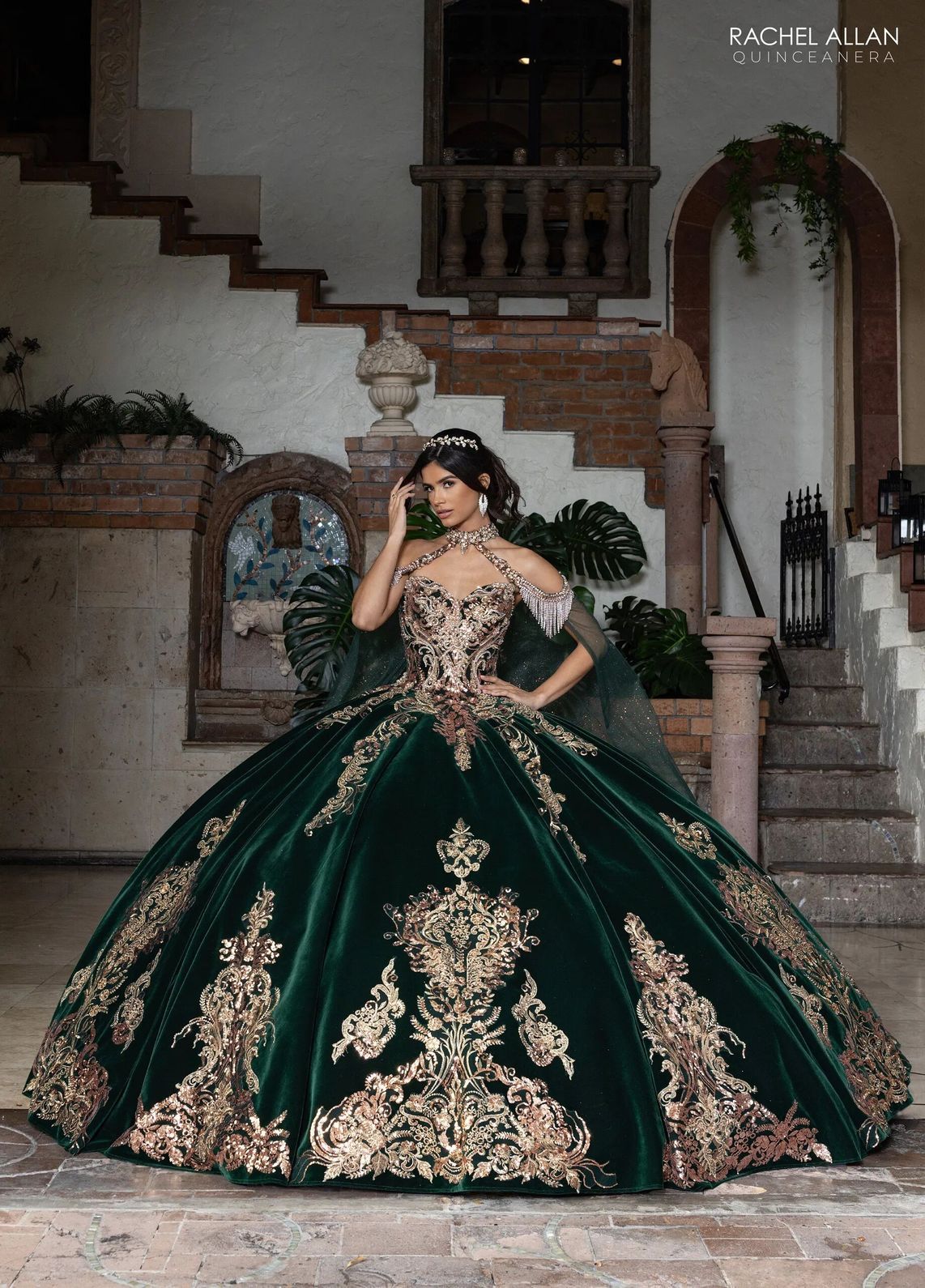 Emerald Gold Sweetheart Floor Length Velvet Quinceanera Ball Gown with Metallic Embroidery Rachel Allan RQ3160
