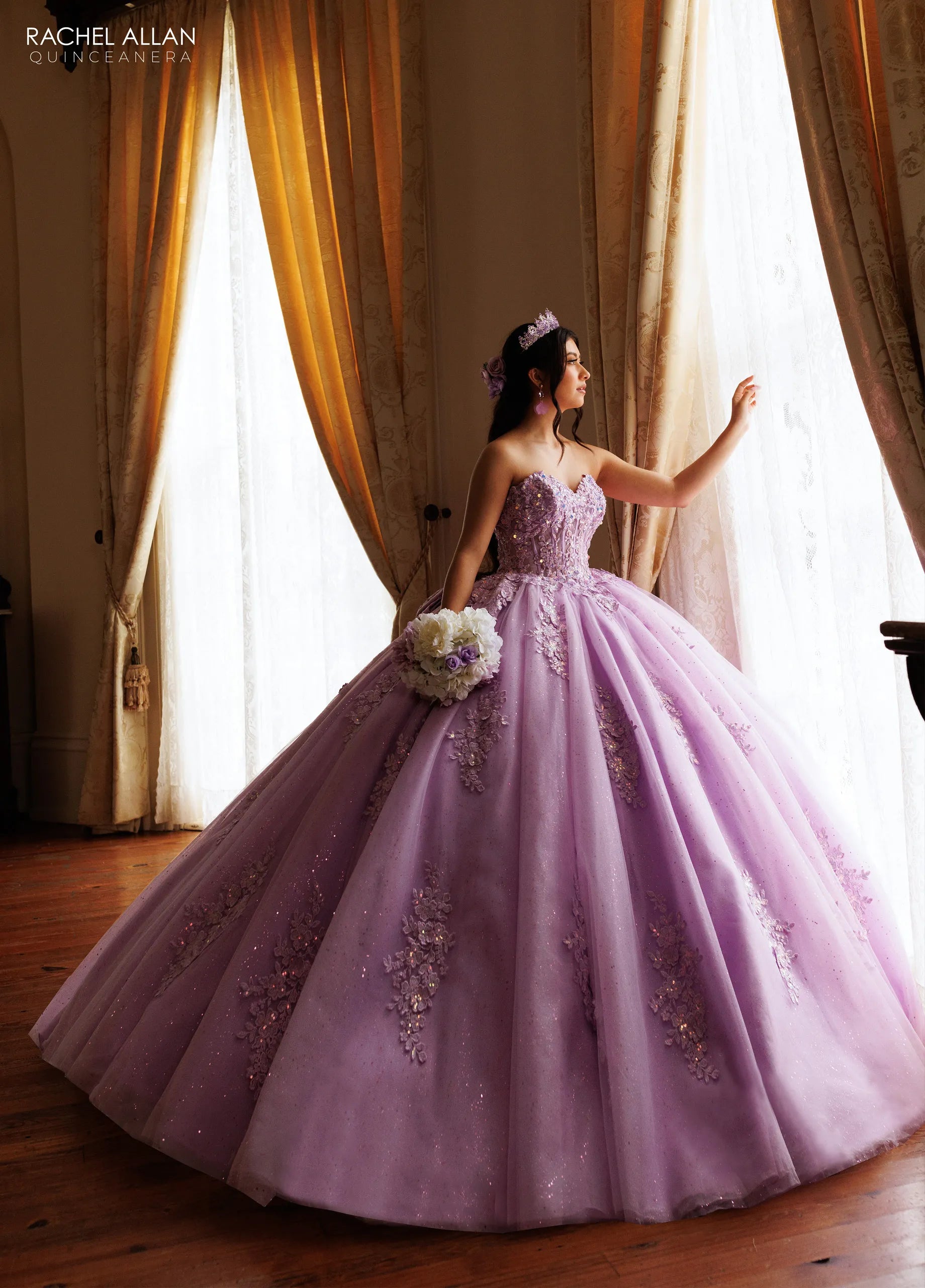 Lilac Sweetheart Floor-Length Glitter Tulle Quinceanera Ball Gown with Detachable Feather Sleeves Rachel Allan RQ2171