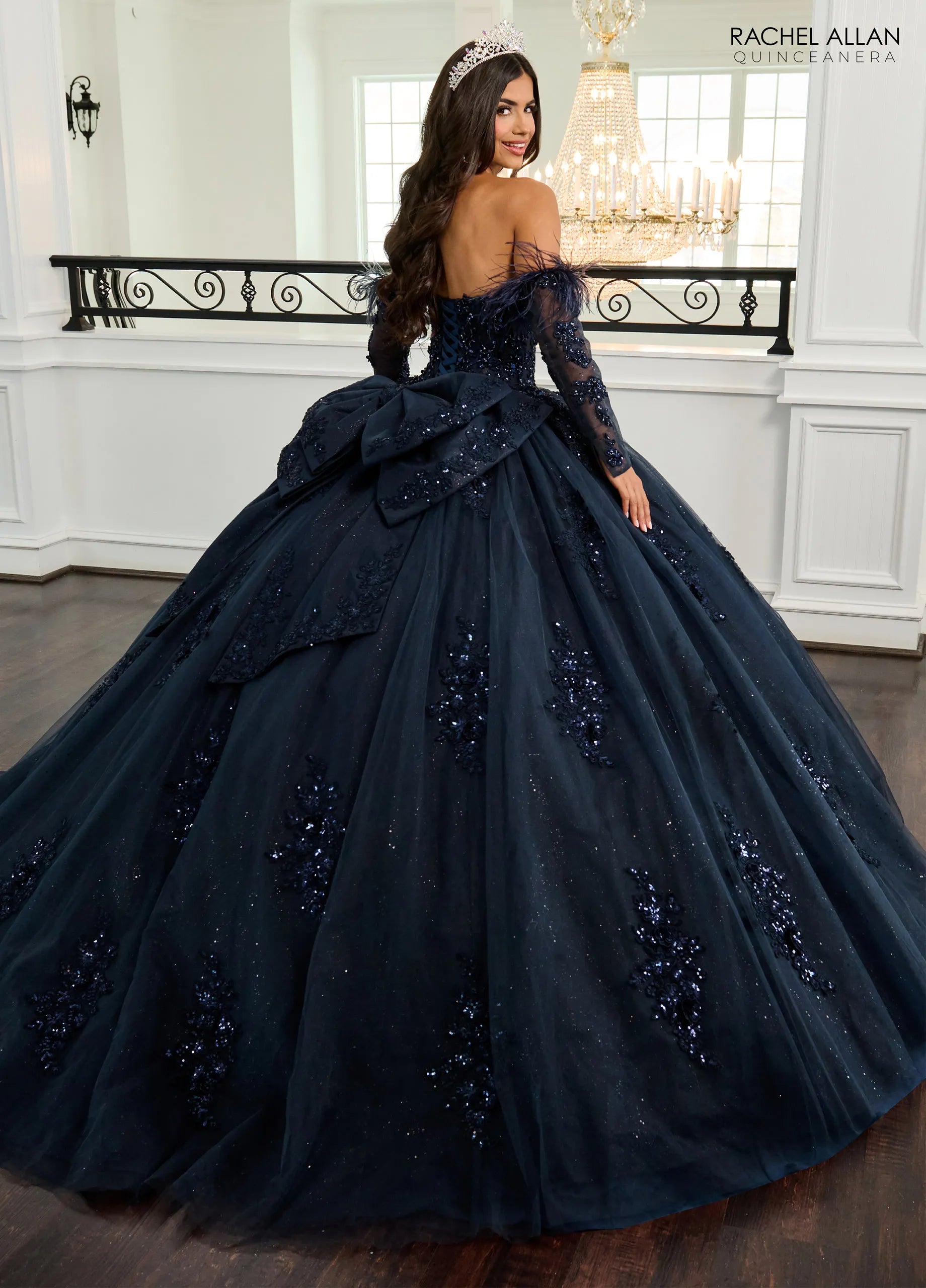 Navy Sweetheart Floor-Length Glitter Tulle Quinceanera Ball Gown with Detachable Feather Sleeves Rachel Allan RQ2171