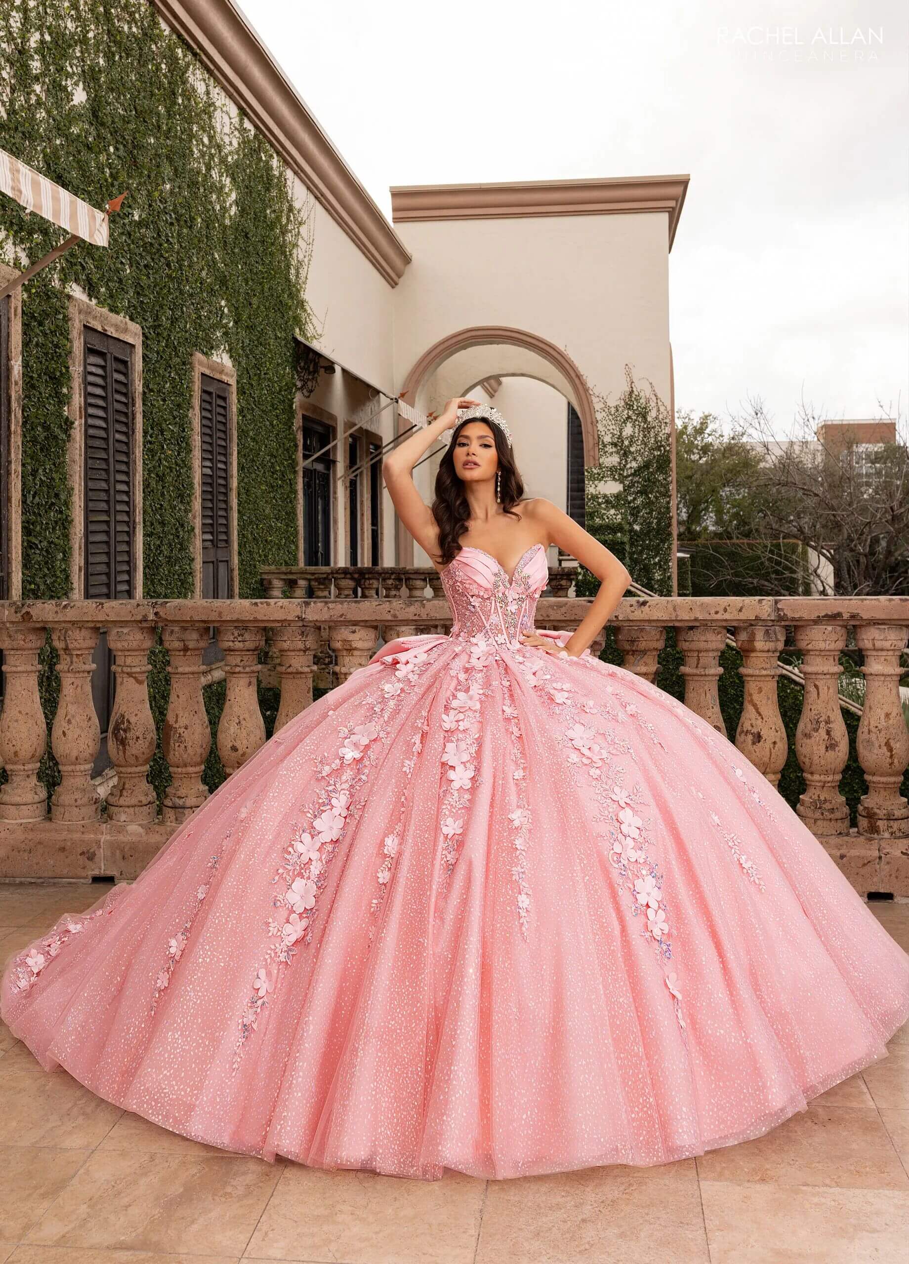 Blush Sweetheart Floor Length Glitter Tulle Quinceanera Ball Gown with 3D Floral Appliques Detachable Bow and Optional Rachel Allan RQ3162