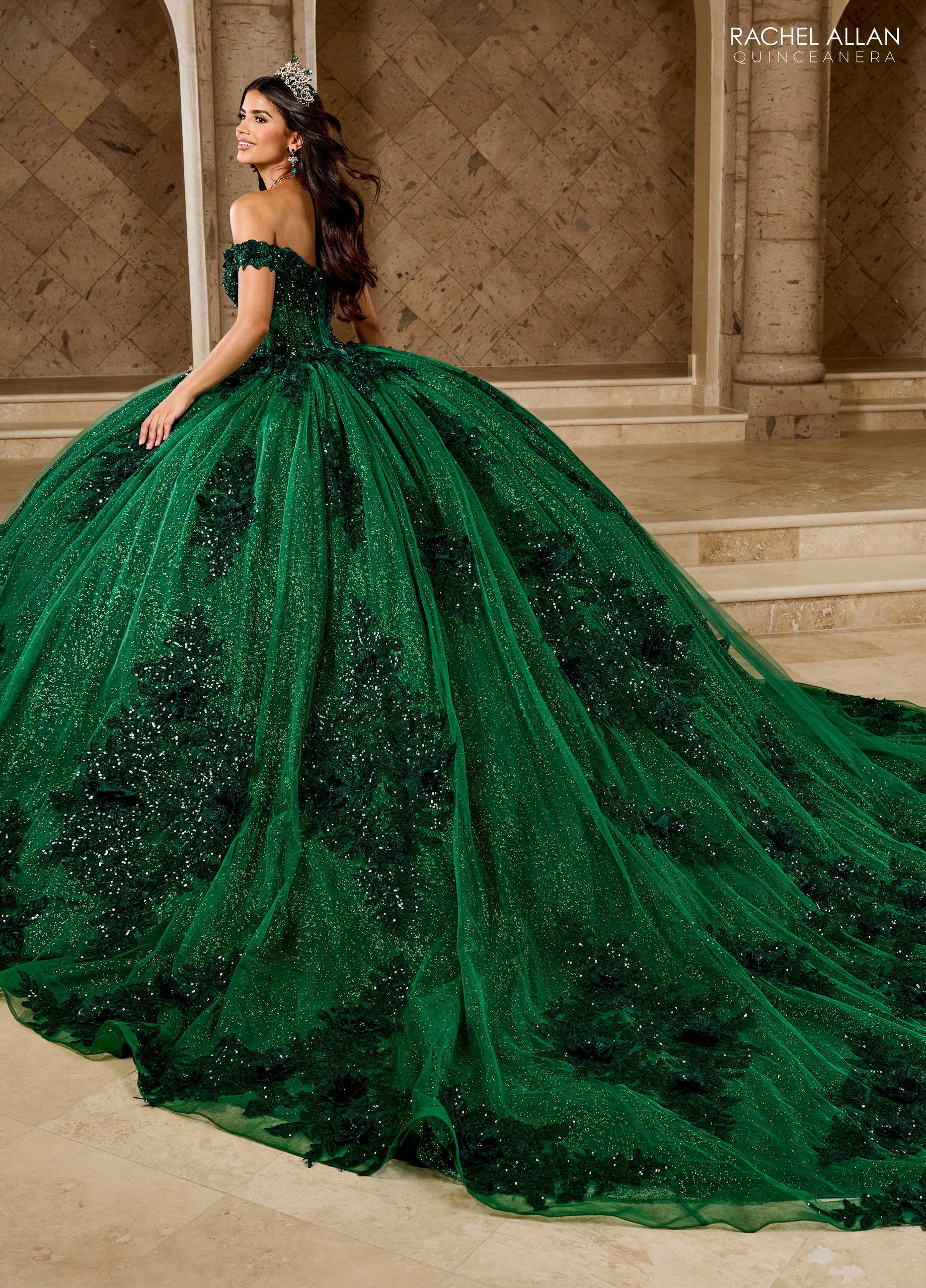 Rachel Allan RQ2215 Long Ball Gown Glitter 3D Floral Quinceanera Dress