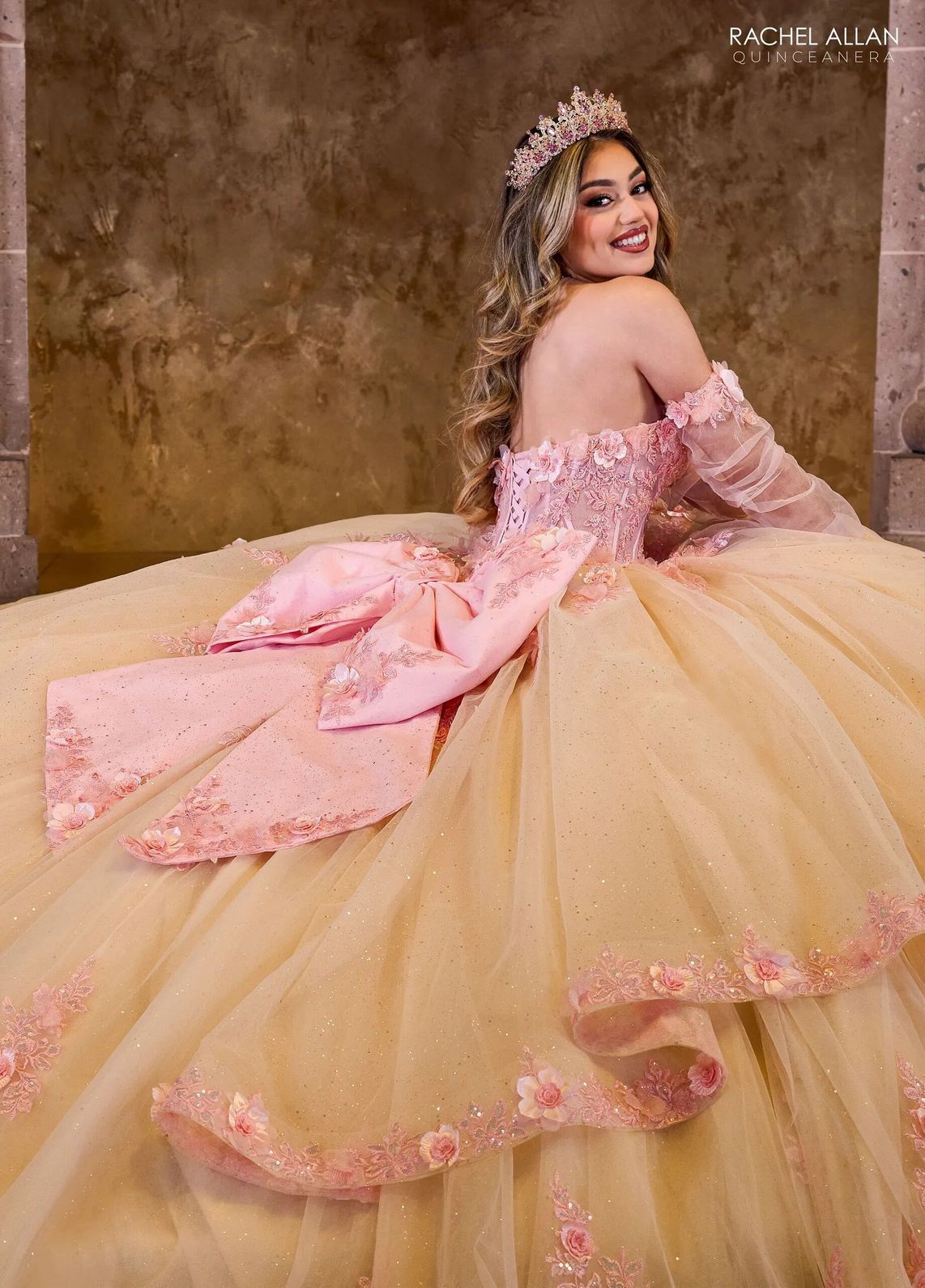 Pink Champagne Off the Shoulder Floor Length Glitter Tulle Quinceanera Ball Gown with Floral Applique Rachel Allan RQ2196