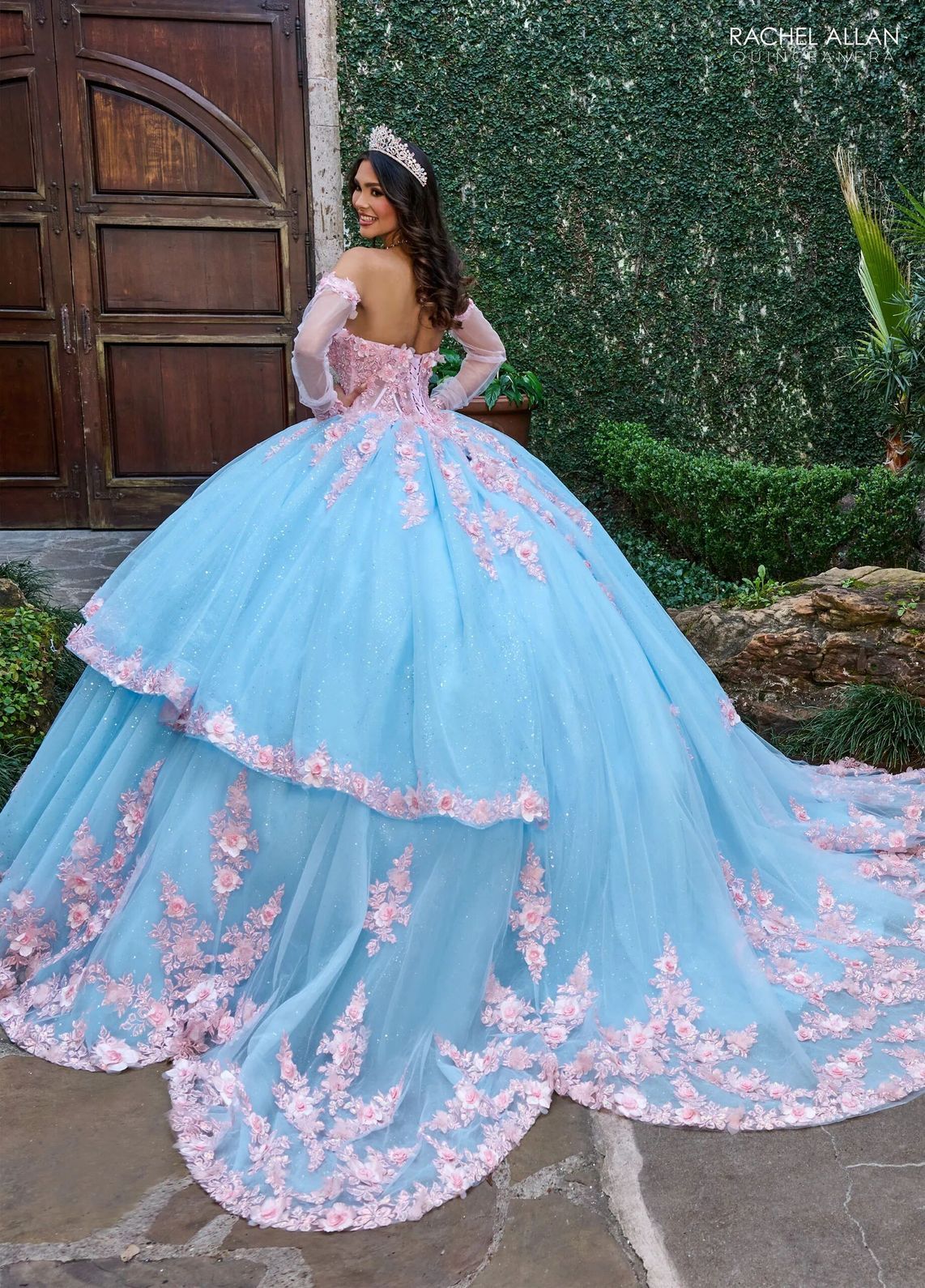 Pink Light Blue Off the Shoulder Floor Length Glitter Tulle Quinceanera Ball Gown with Floral Applique Rachel Allan RQ2196