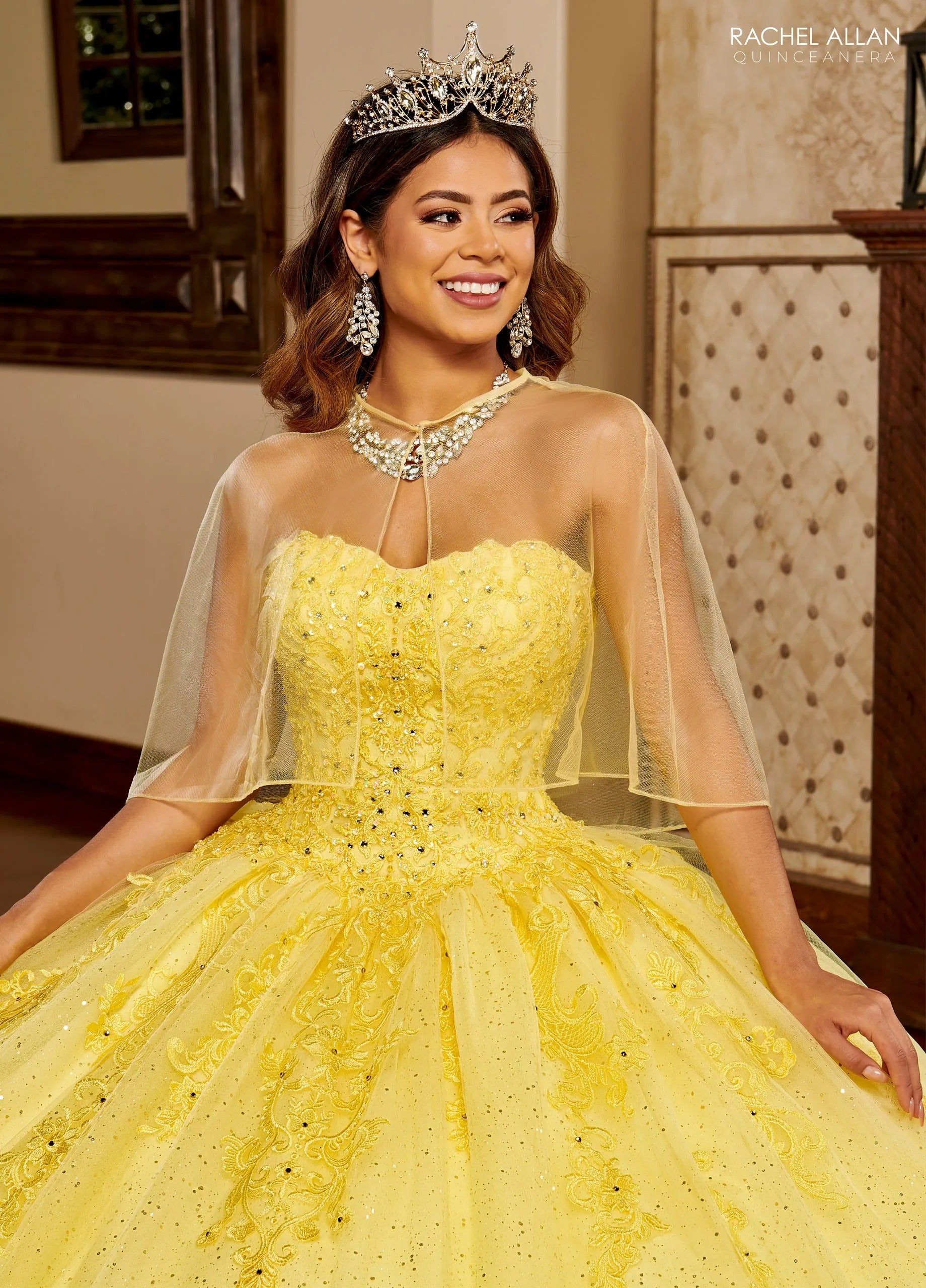 Yellow Sweetheart Floor Length Glitter Tulle Quinceanera Ball Gown with Cape Rachel Allan MQ2150