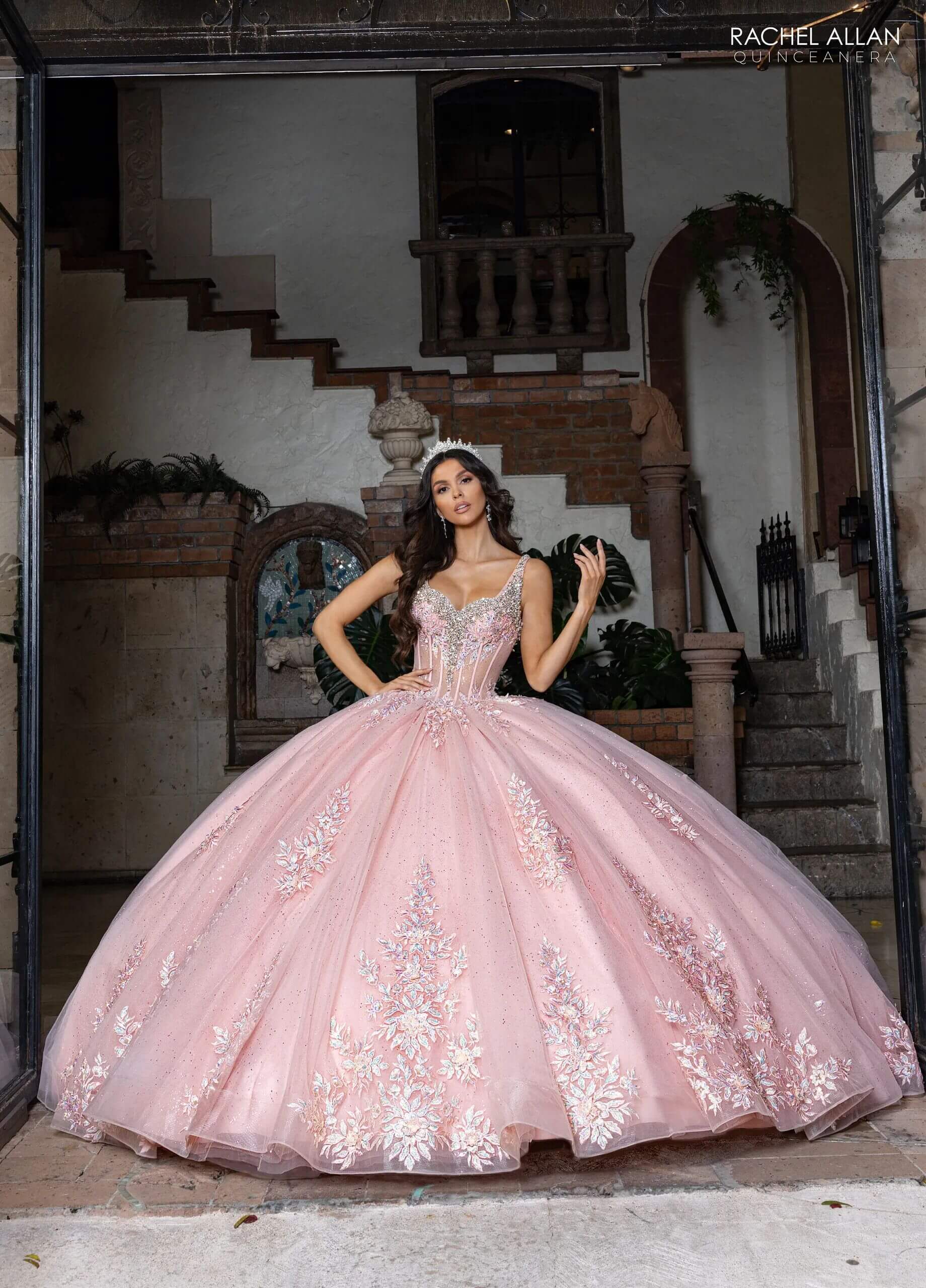 Blush Sweetheart Floor Length Glitter Tulle Quinceanera Ball Gown with Tiered Overskirt and Corset Overlay Rachel Allan RQ3158