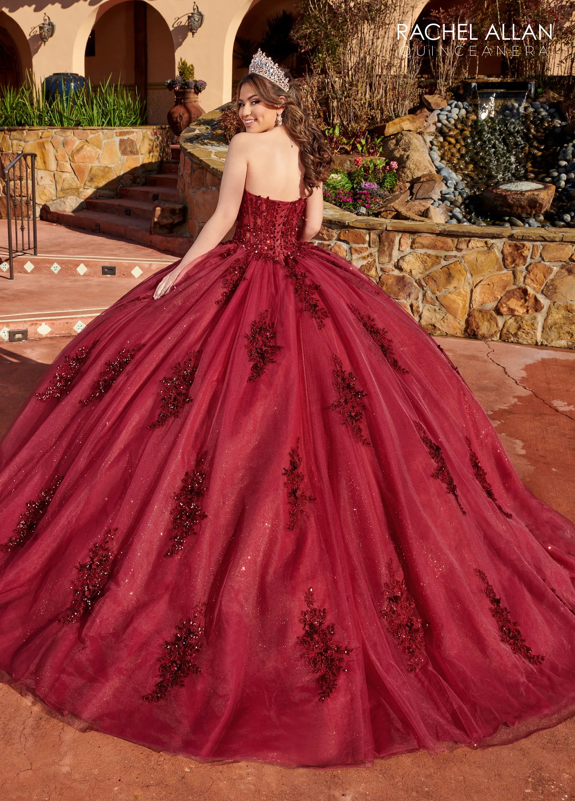 Wine Sweetheart Floor-Length Glitter Tulle Quinceanera Ball Gown with Detachable Feather Sleeves Rachel Allan RQ2171
