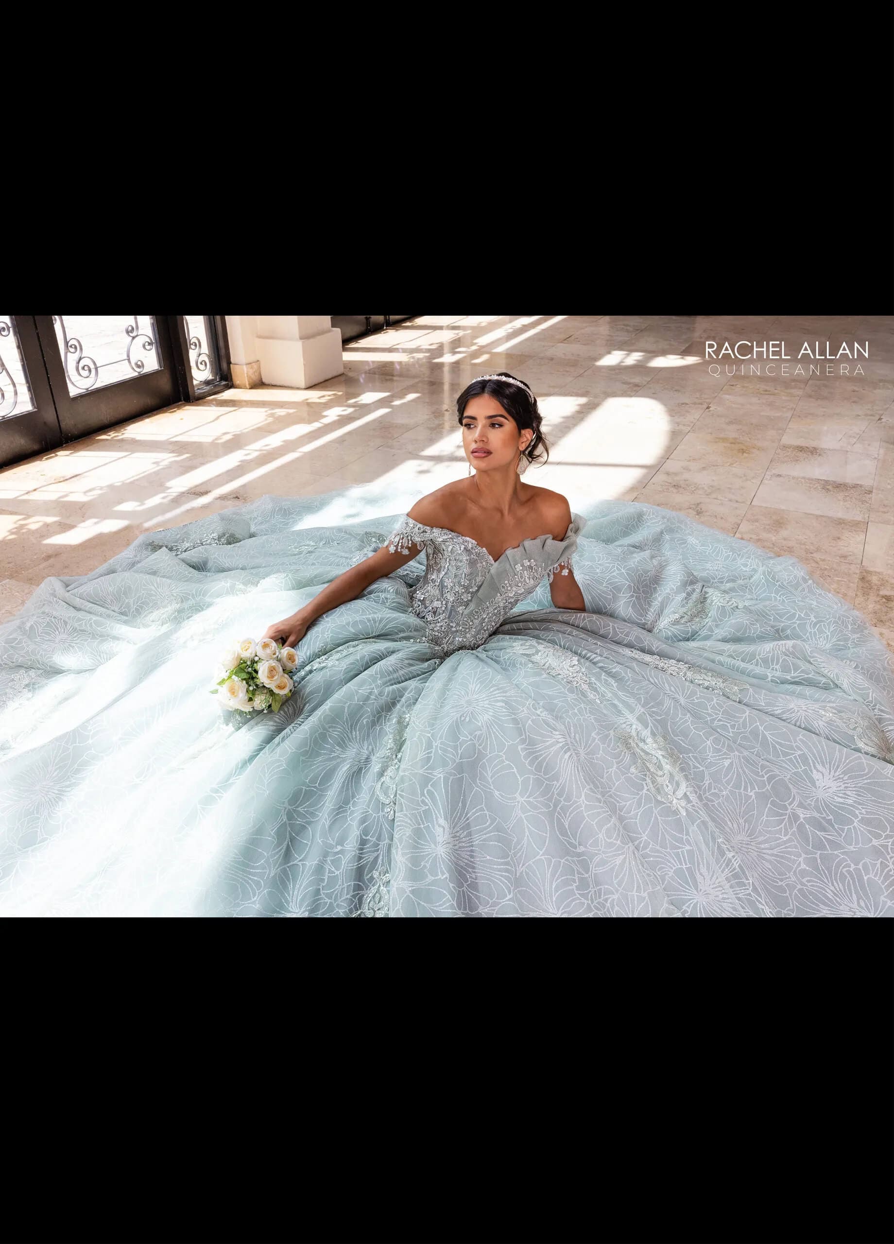 Mist Off the Shoulder Floor-Length Glitter Tulle Quinceanera Ball Gown with Detachable Bow Rachel Allan RQ2246