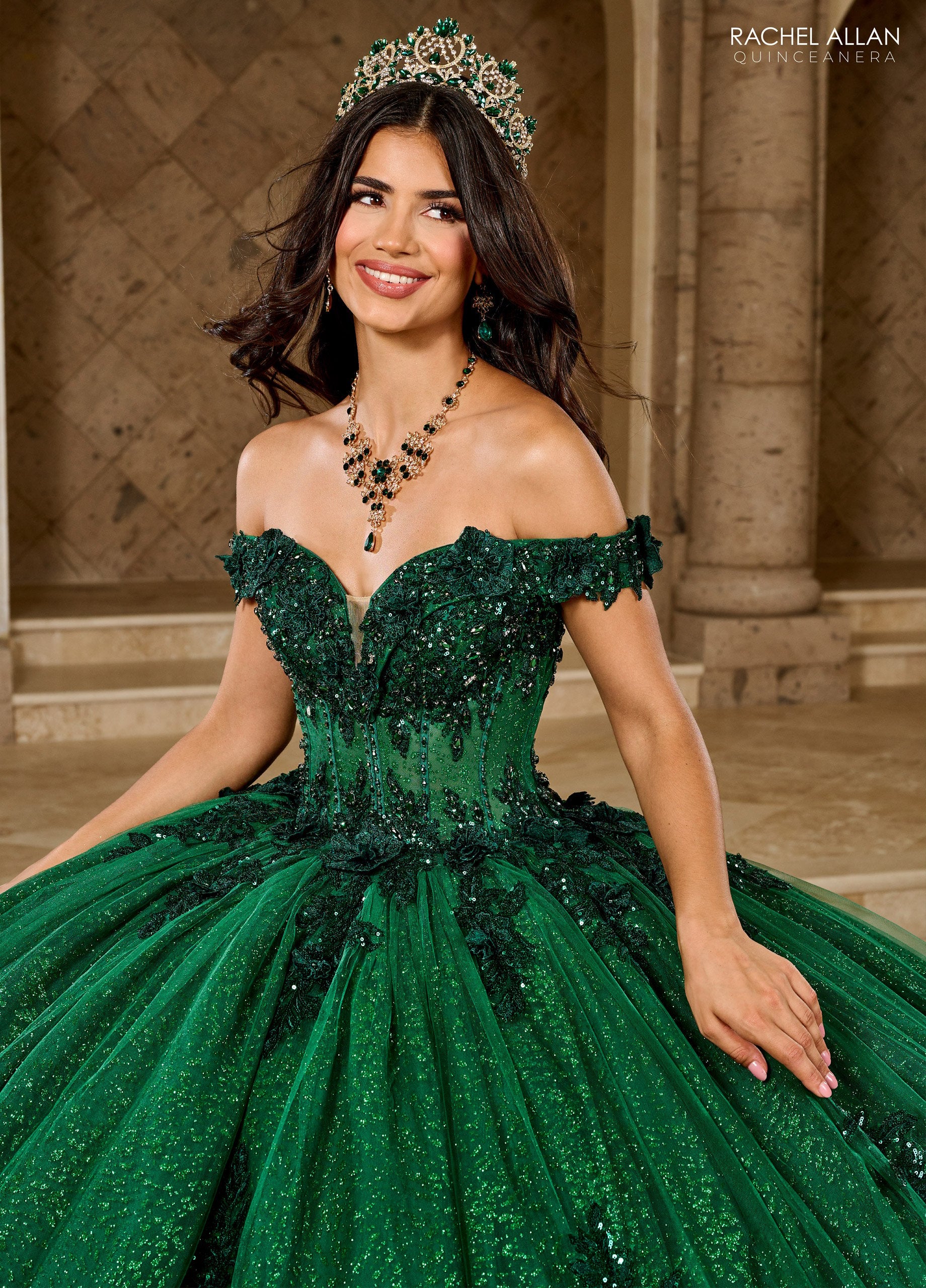 Rachel Allan RQ2215 Long Ball Gown Glitter 3D Floral Quinceanera Dress