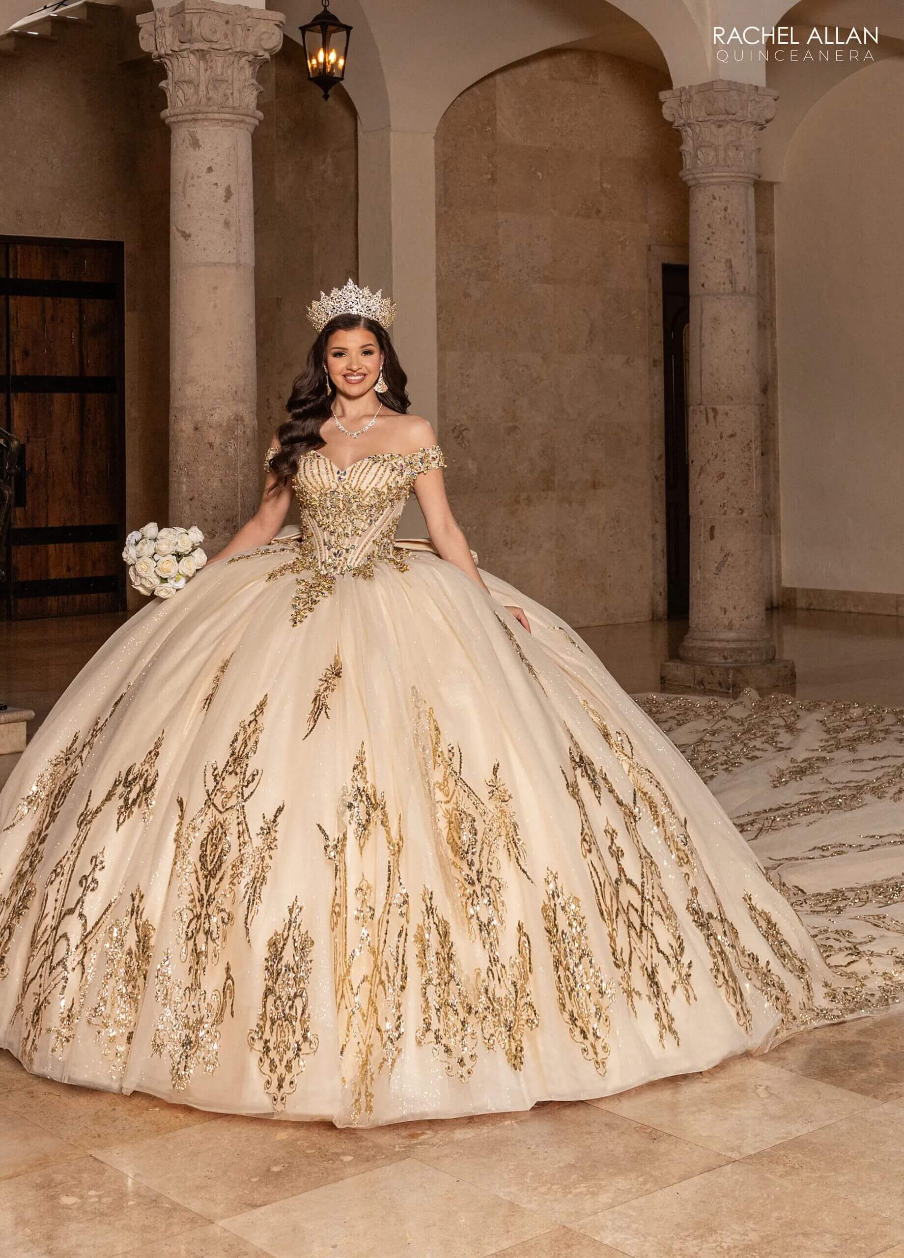 Champagne Gold Off the Shoulder Floor Length Glitter Tulle Quinceanera Ball Gown Rachel Allan RQ2247
