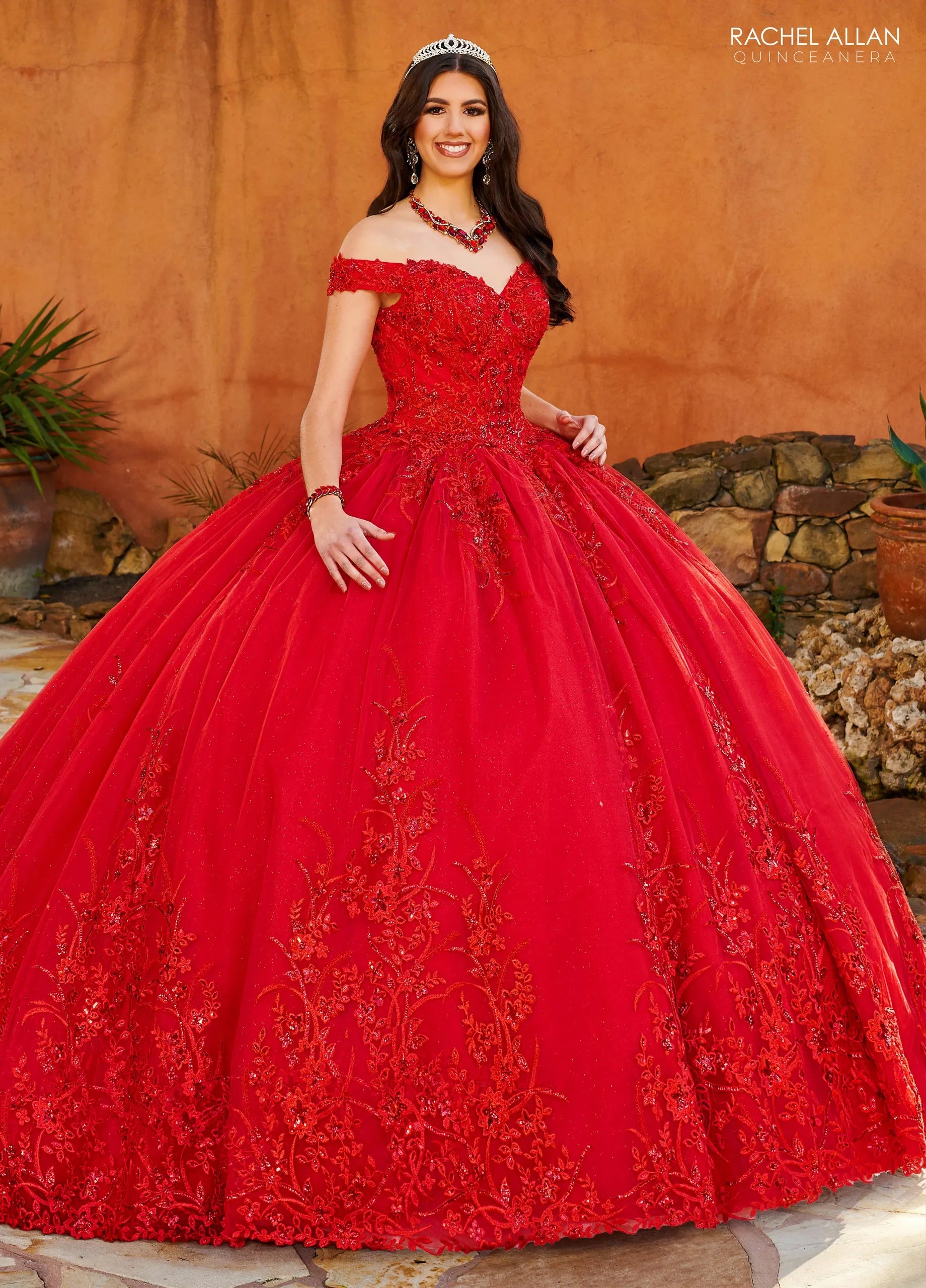 Red Off the Shoulder Floor Length Glitter Tulle Quinceanera Ball Gown with Beaded Applique Rachel Allan MQ2151