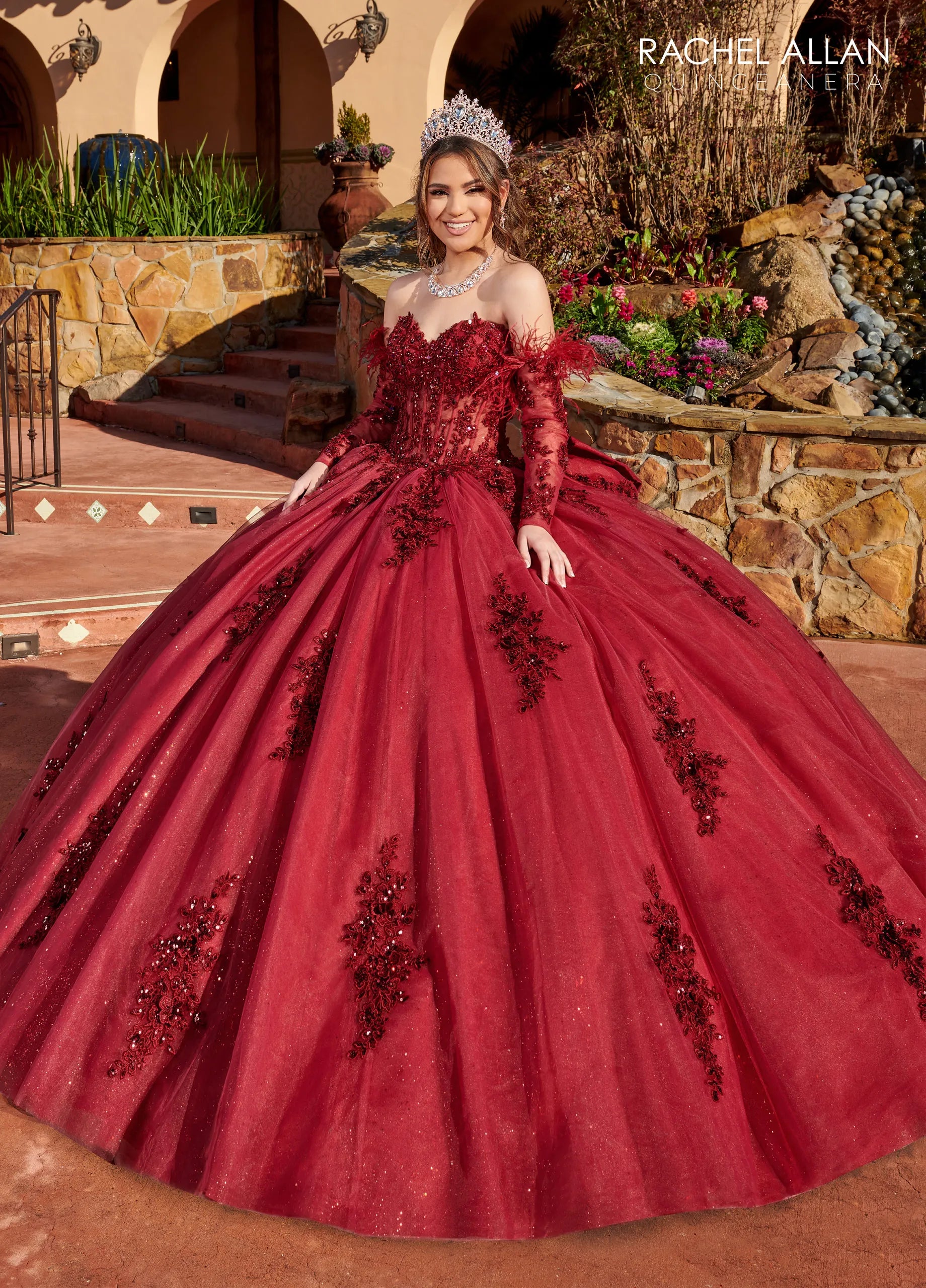 Wine Sweetheart Floor-Length Glitter Tulle Quinceanera Ball Gown with Detachable Feather Sleeves Rachel Allan RQ2171