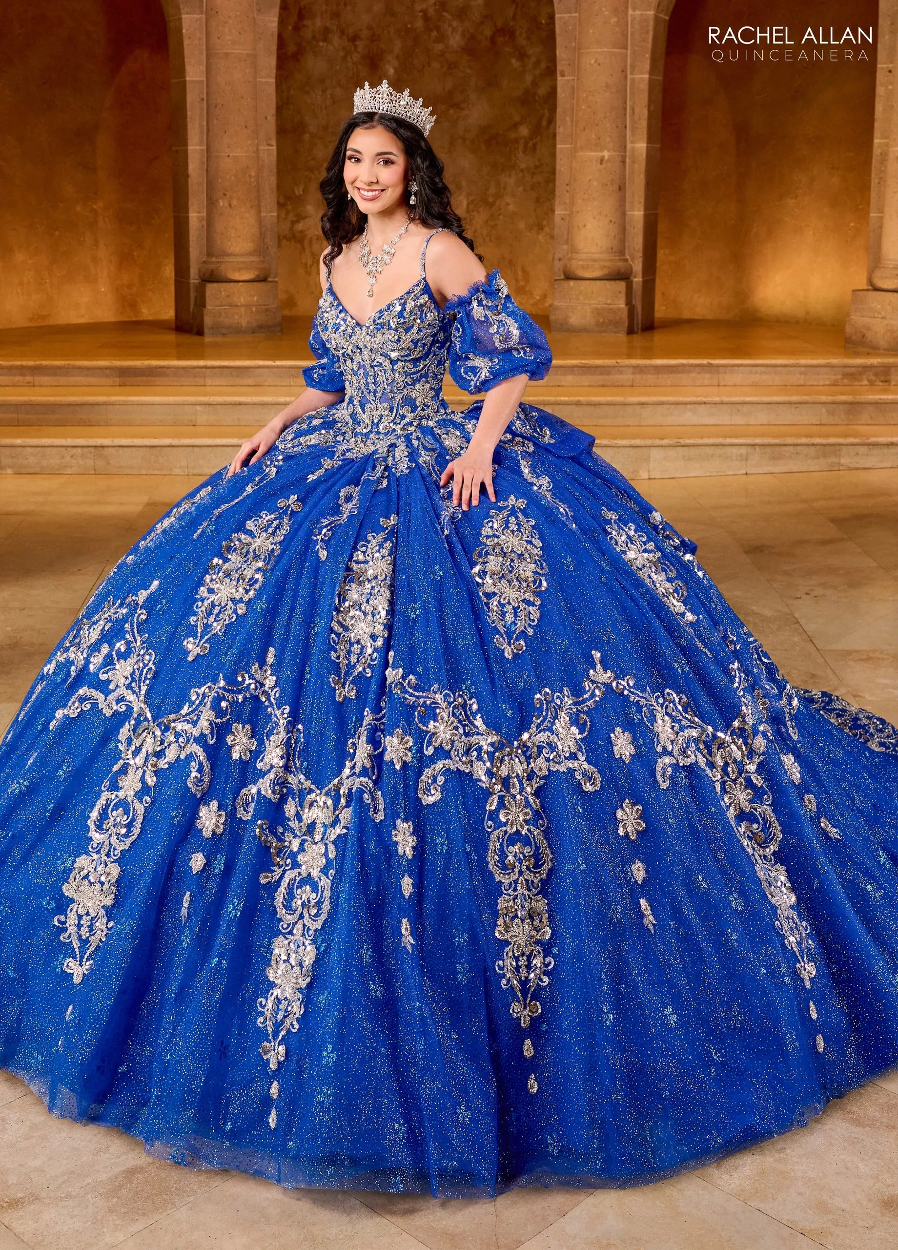 Royal Silver Sweetheart Floor Length Glitter Tulle Quinceanera Ball Gown with Metallic Appliques Rachel Allan RQ2202
