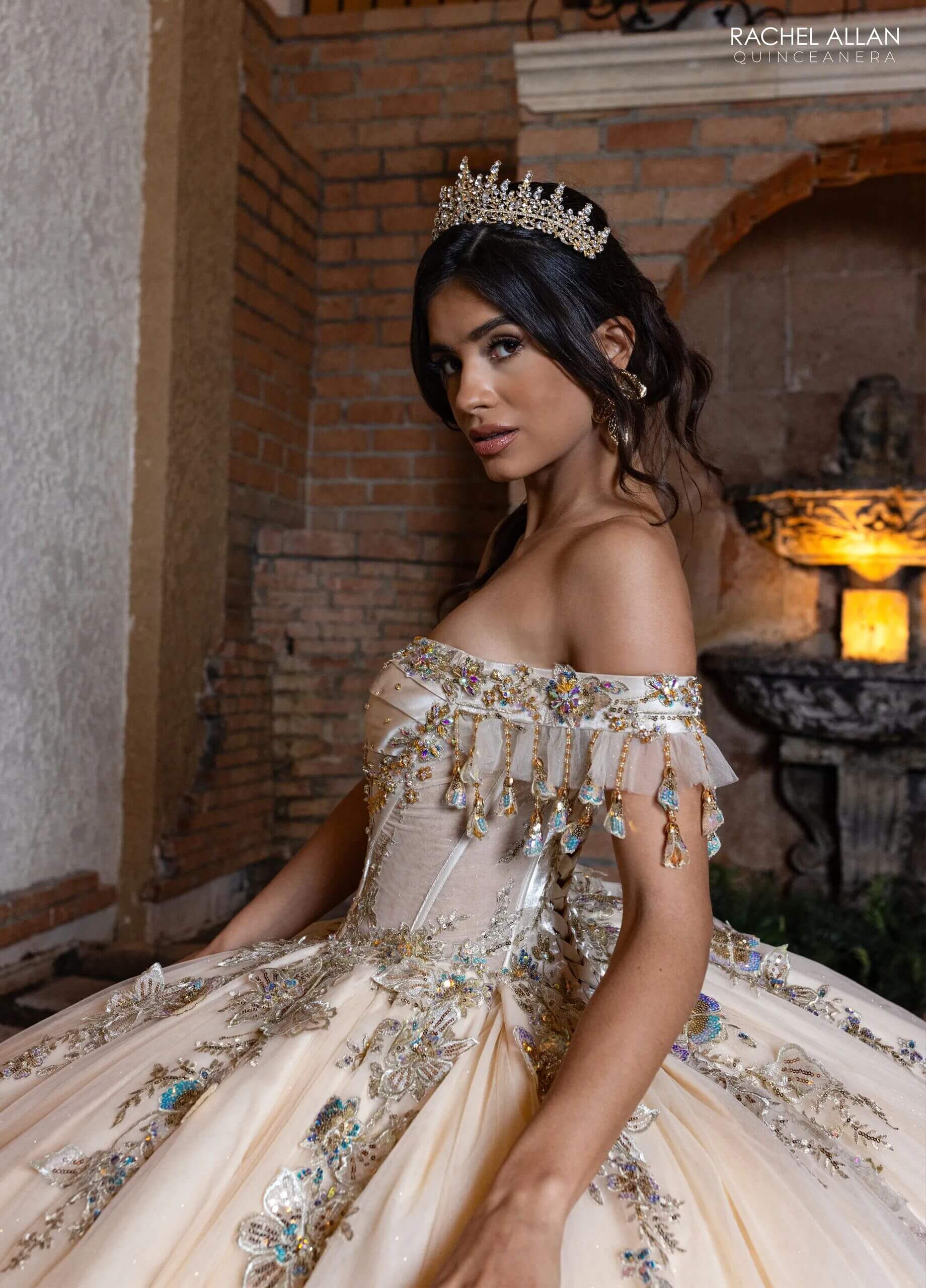 Champagne Gold Off the Shoulder Floor Length Glitter Tulle Quinceanera Ball Gown with Detachable Necklace and Bodice Liner Rachel Allan RQ2228