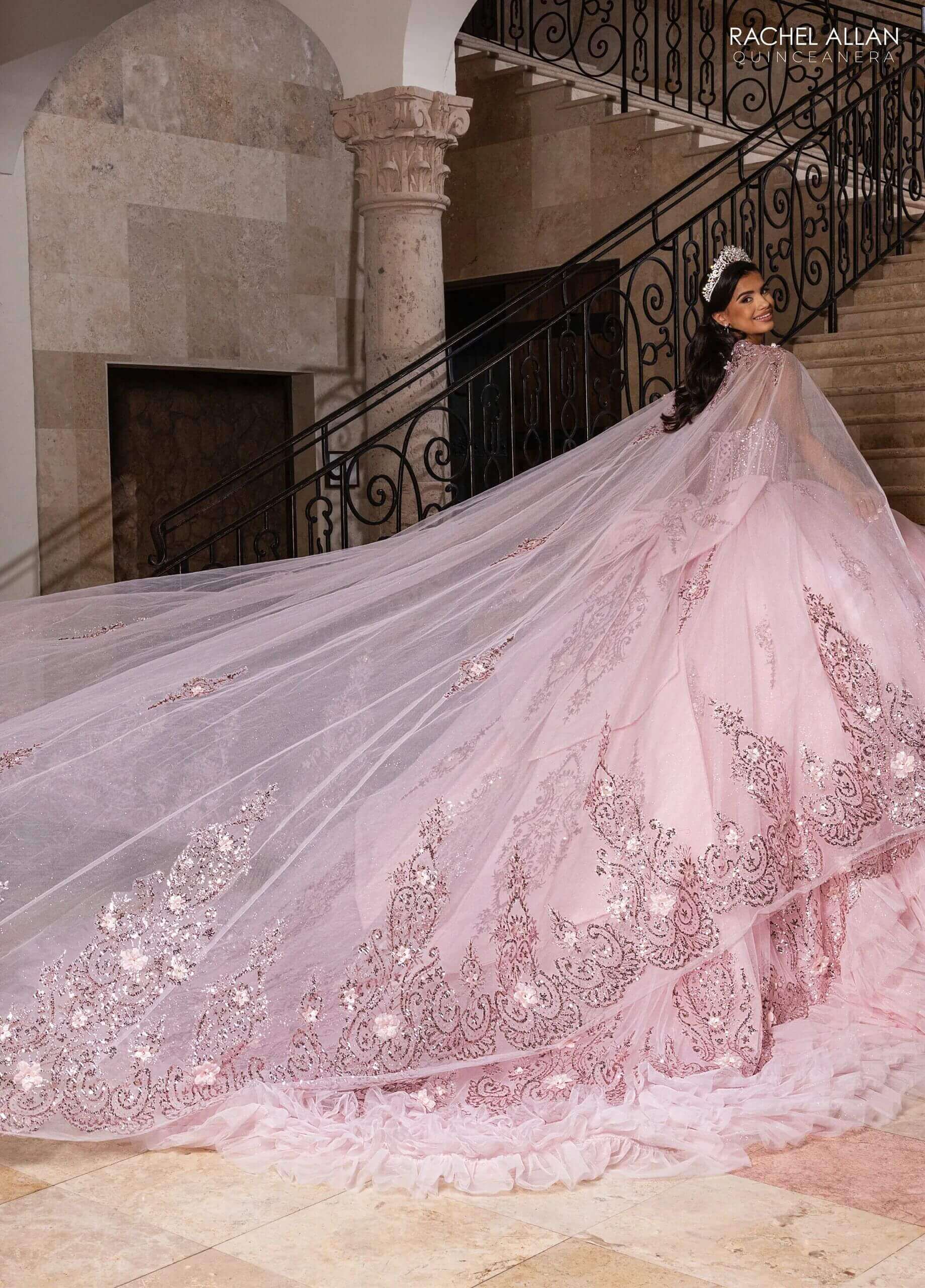 Light Pink Off the Shoulder Floor Length Glitter Tulle Quinceanera Ruffle Hem Ball Gown Rachel Allan RQ2243