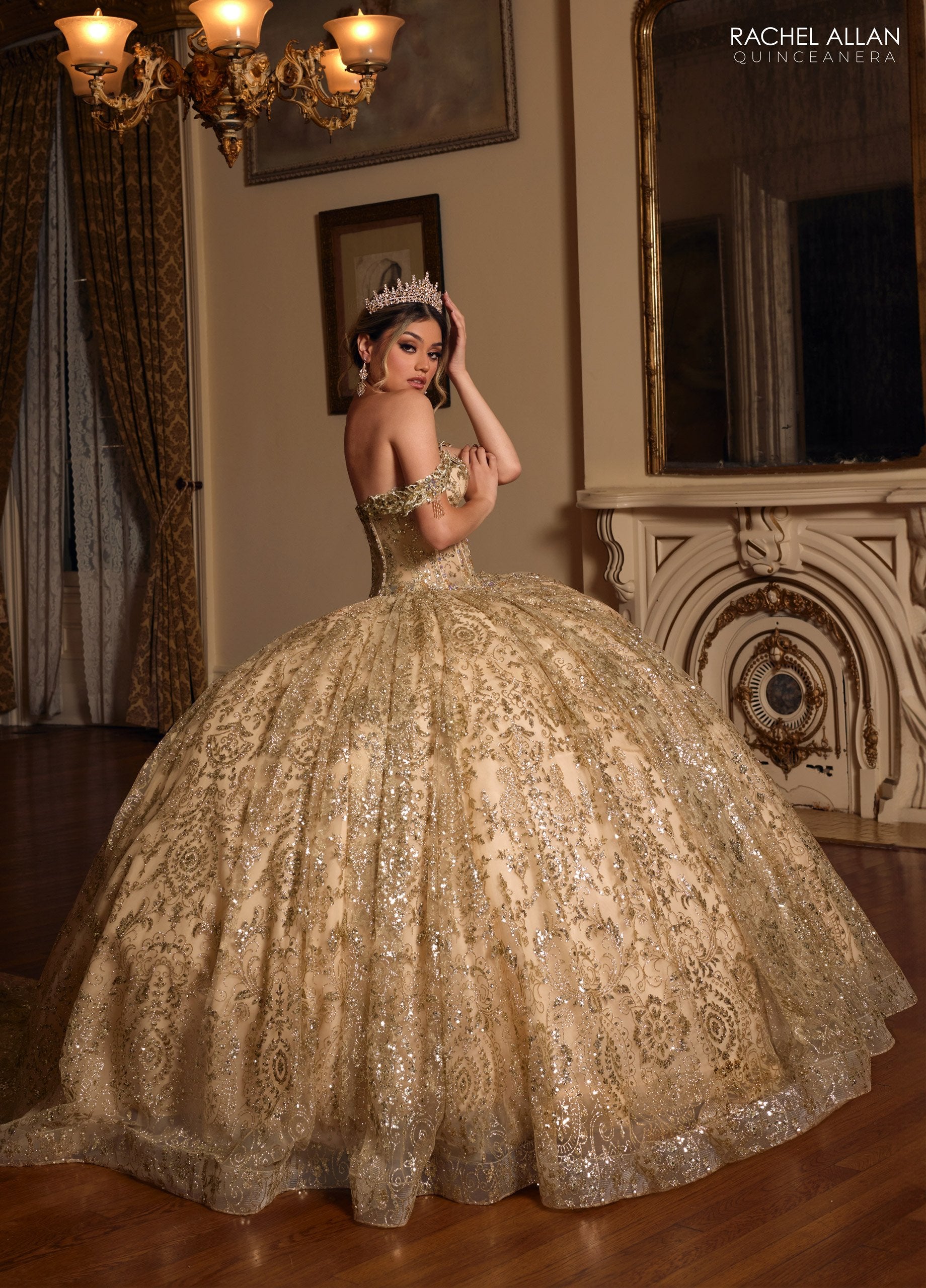 Quinceniera Dresses Long Beaded Ball Gown Glitter Quinceanera Dress Champagne Gold