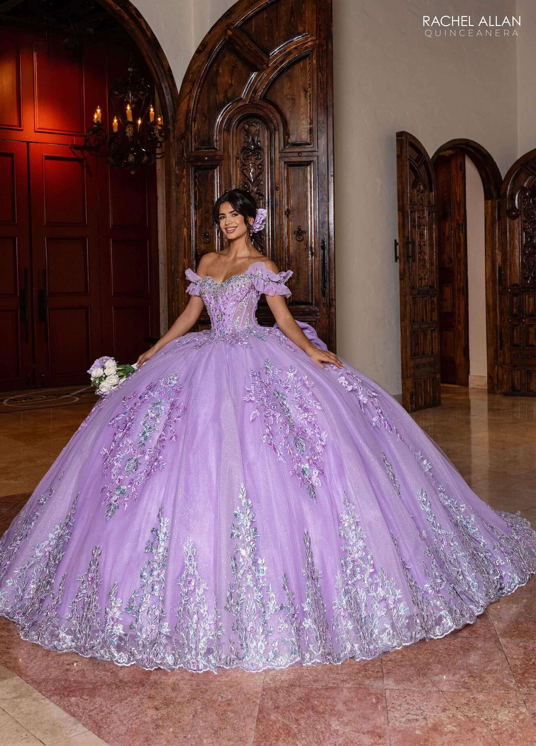 Lilac Sweetheart Off the Shoulder Floor Length Glitter Tulle Quinceanera Ball Gown Rachel Allan RQ2240