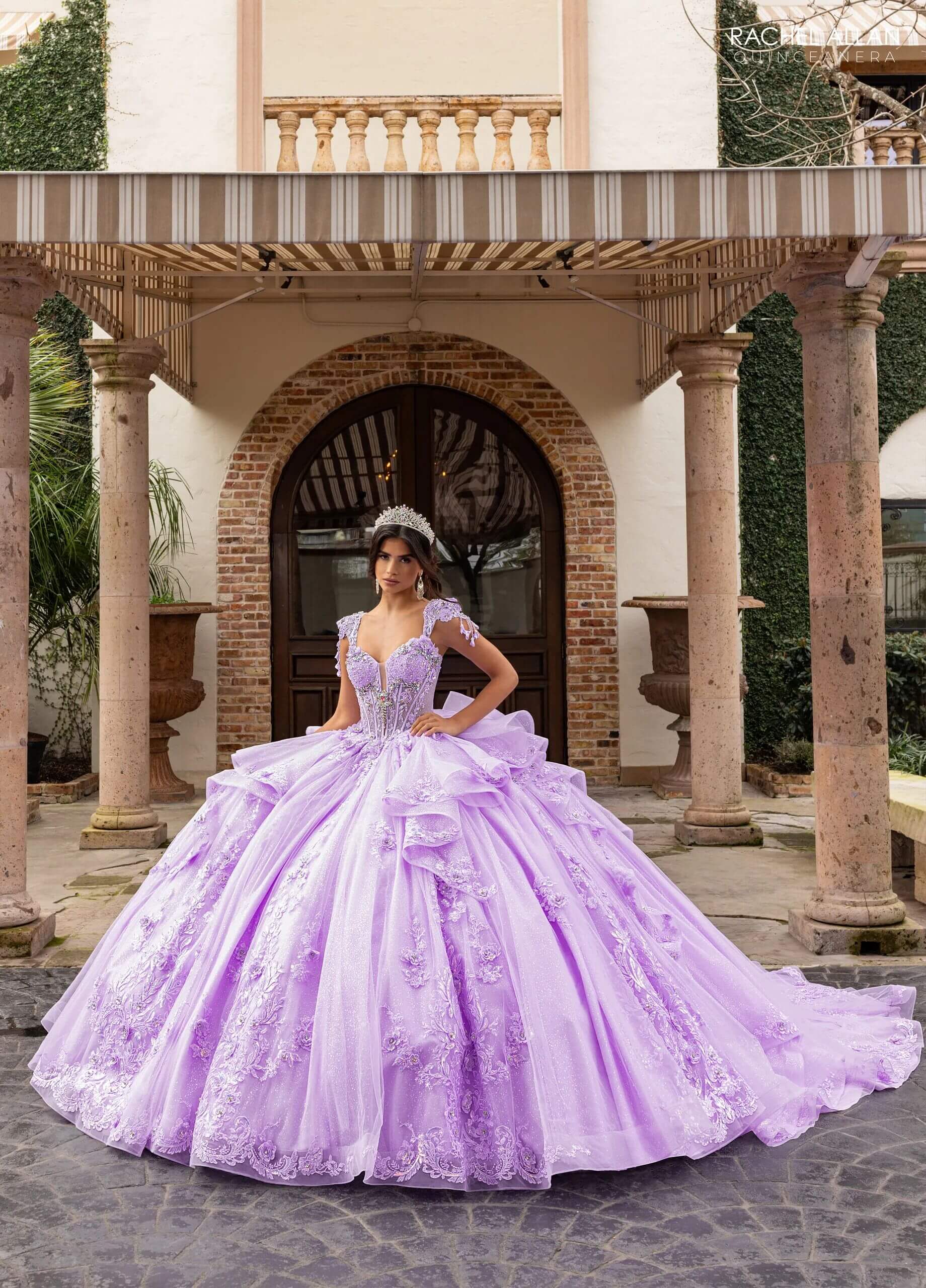 Lilac Iridescent Illusion Floor Length Glitter Tulle Quinceanera Ball Gown with Cap Sleeves and Floral Back Bow Rachel Allan RQ3163