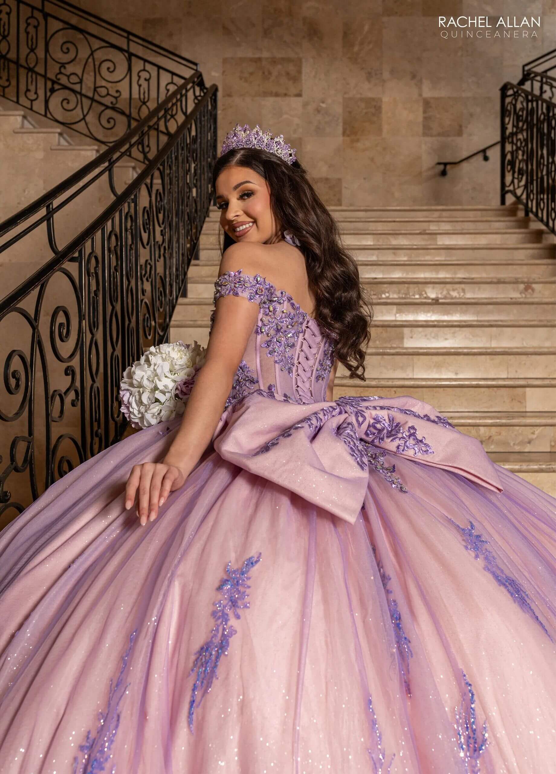 Lilac Rose Pink Off the Shoulder Floor Length Glitter Tulle Quinceanera Ball Gown Rachel Allan RQ2247
