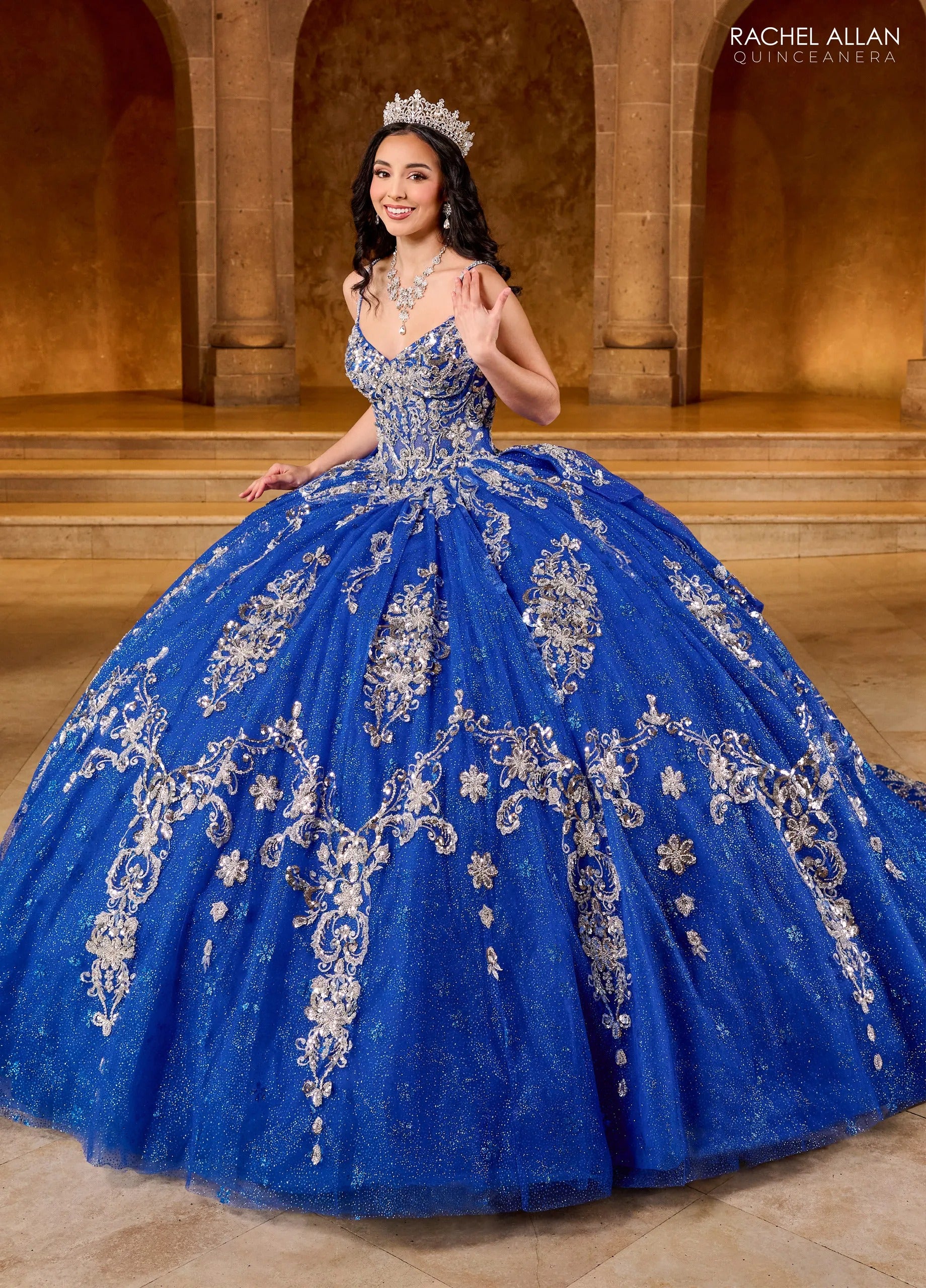 Royal Silver Sweetheart Floor Length Glitter Tulle Quinceanera Ball Gown with Metallic Appliques Rachel Allan RQ2202