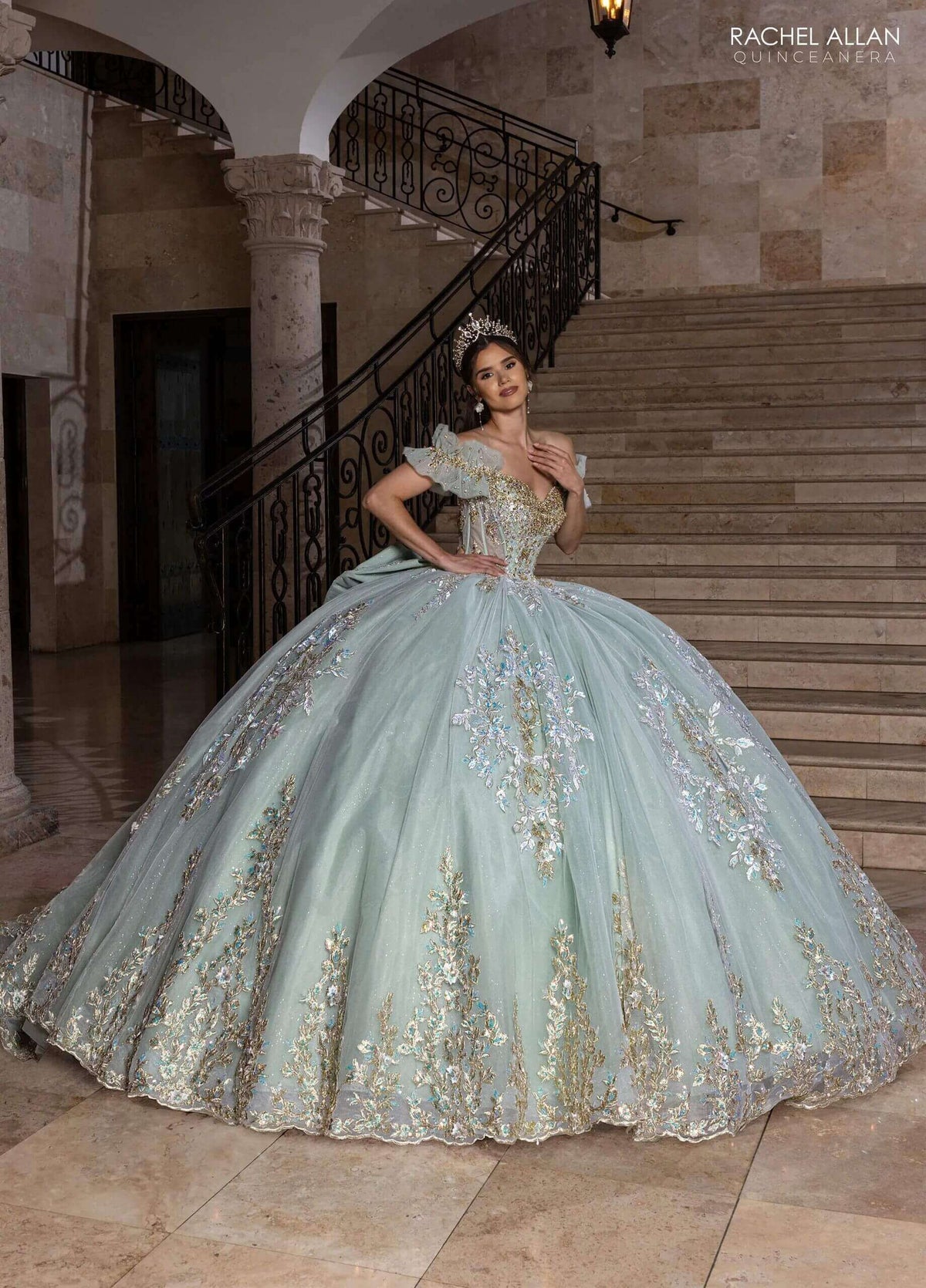 Ivory Sage Sweetheart Off the Shoulder Floor Length Glitter Tulle Quinceanera Ball Gown Rachel Allan RQ2240