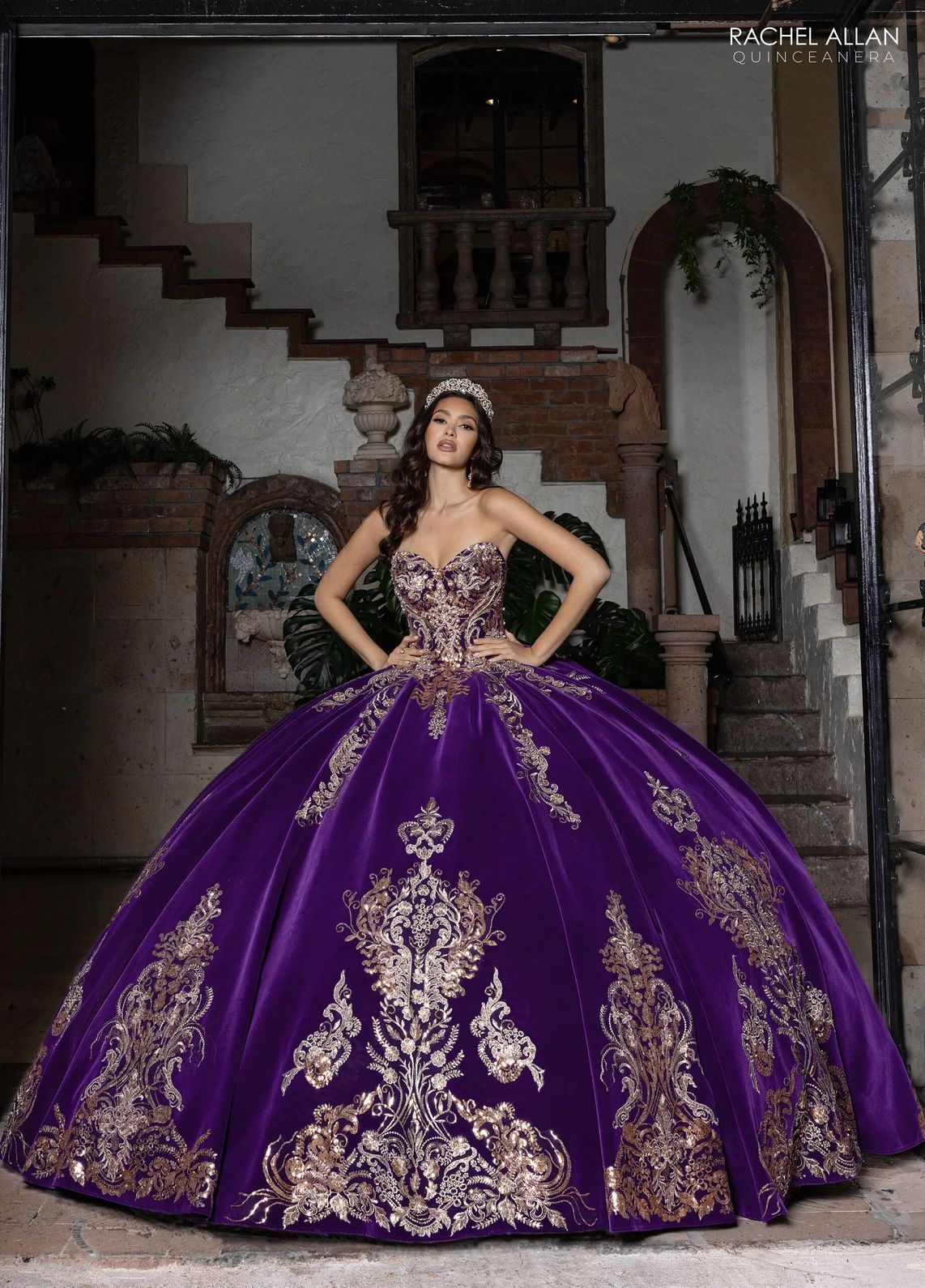 Purple Gold Sweetheart Floor Length Velvet Quinceanera Ball Gown with Metallic Embroidery Rachel Allan RQ3160