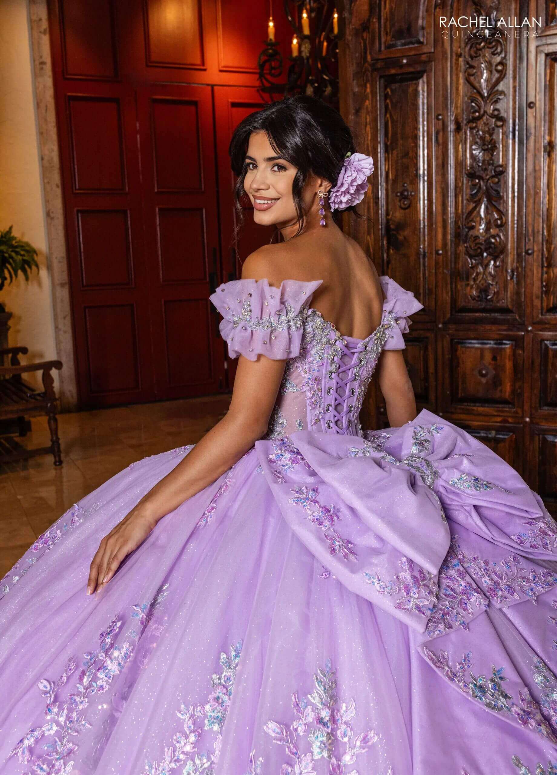 Lilac Sweetheart Off the Shoulder Floor Length Glitter Tulle Quinceanera Ball Gown Rachel Allan RQ2240