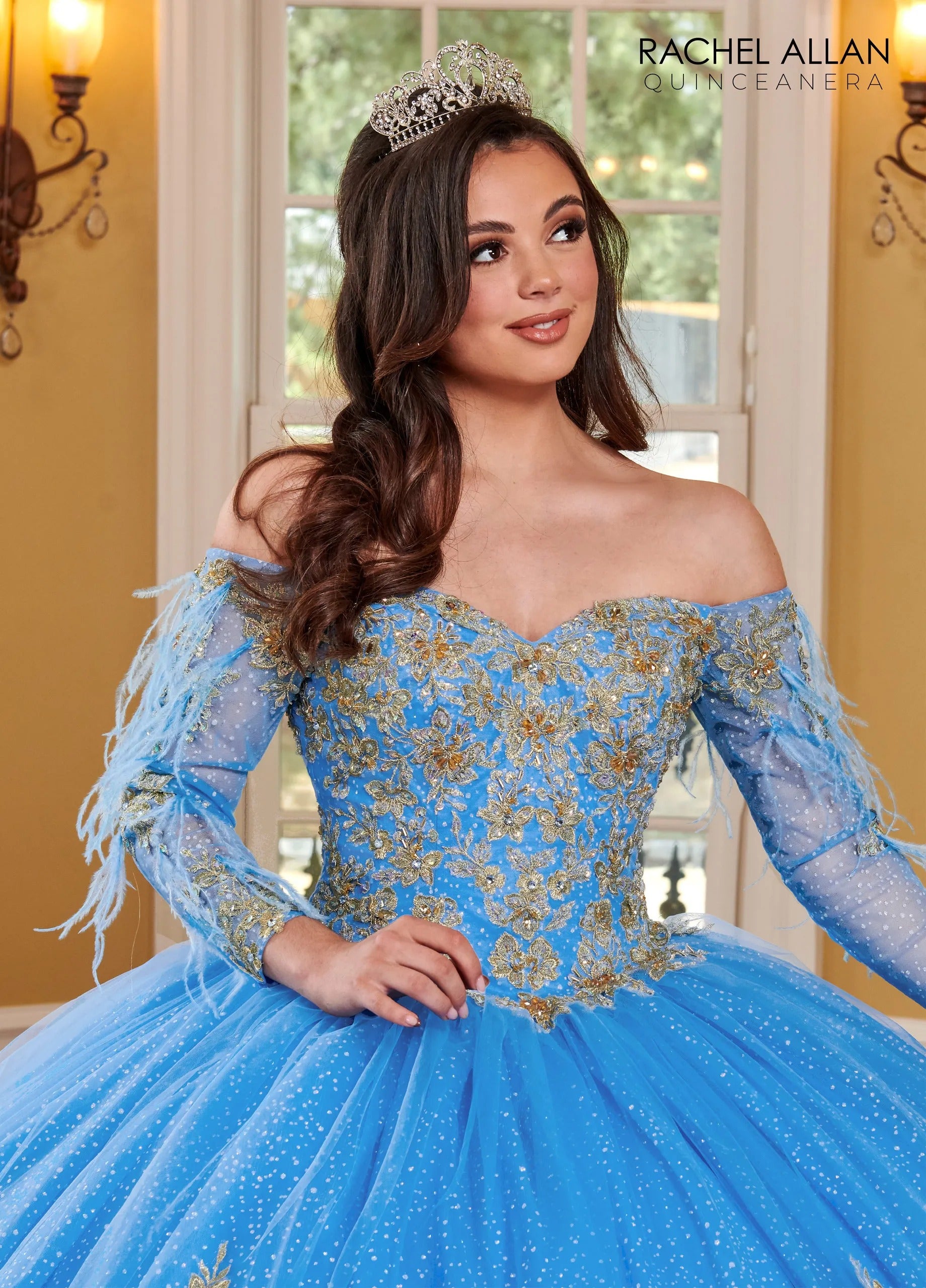 Azure Gold Sweetheart Floor Length Glitter Tulle Quinceanera Ball Gown with Feather Cape Rachel Allan RQ2167