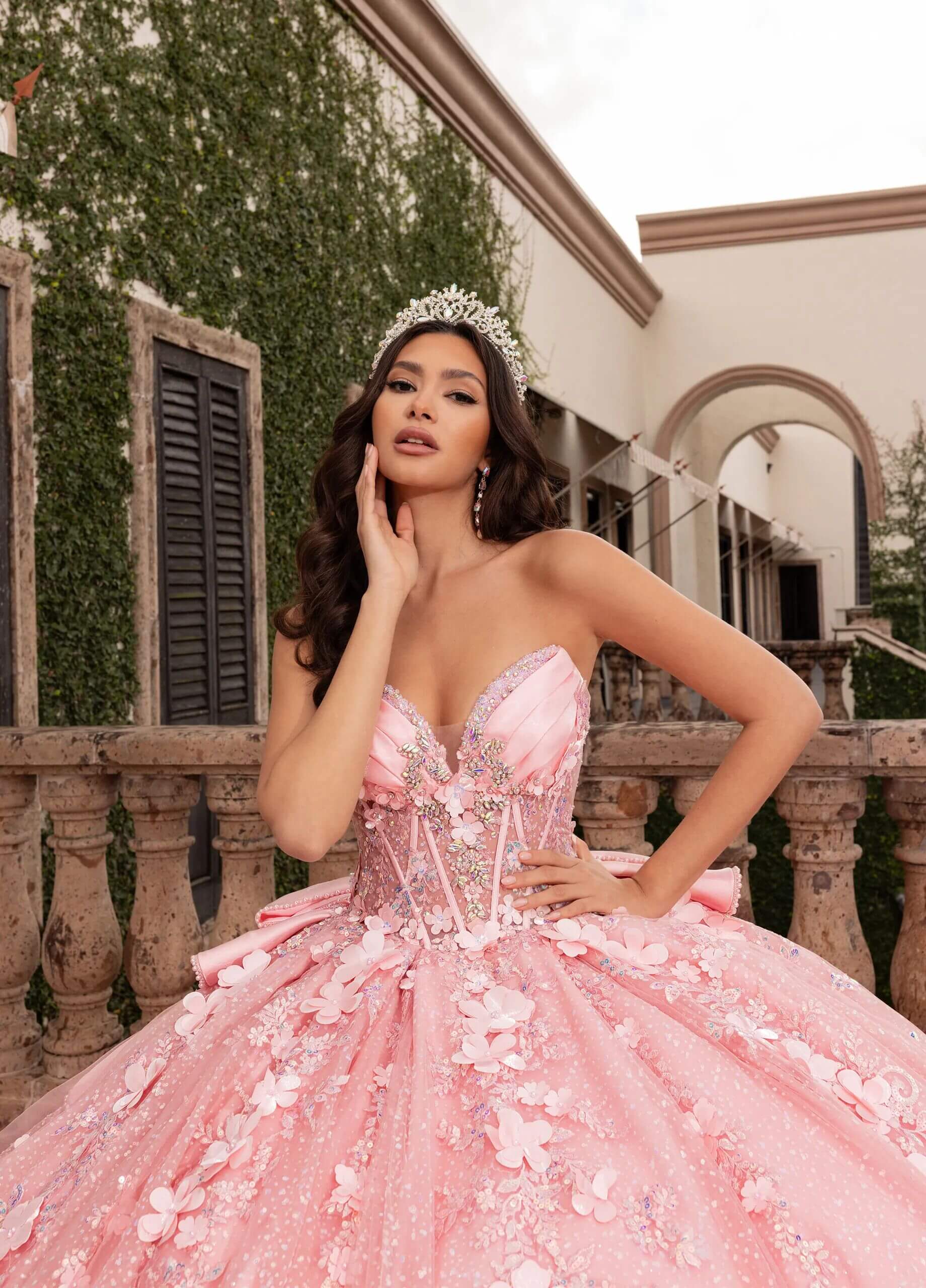 Blush Sweetheart Floor Length Glitter Tulle Quinceanera Ball Gown with 3D Floral Appliques Detachable Bow and Optional Rachel Allan RQ3162