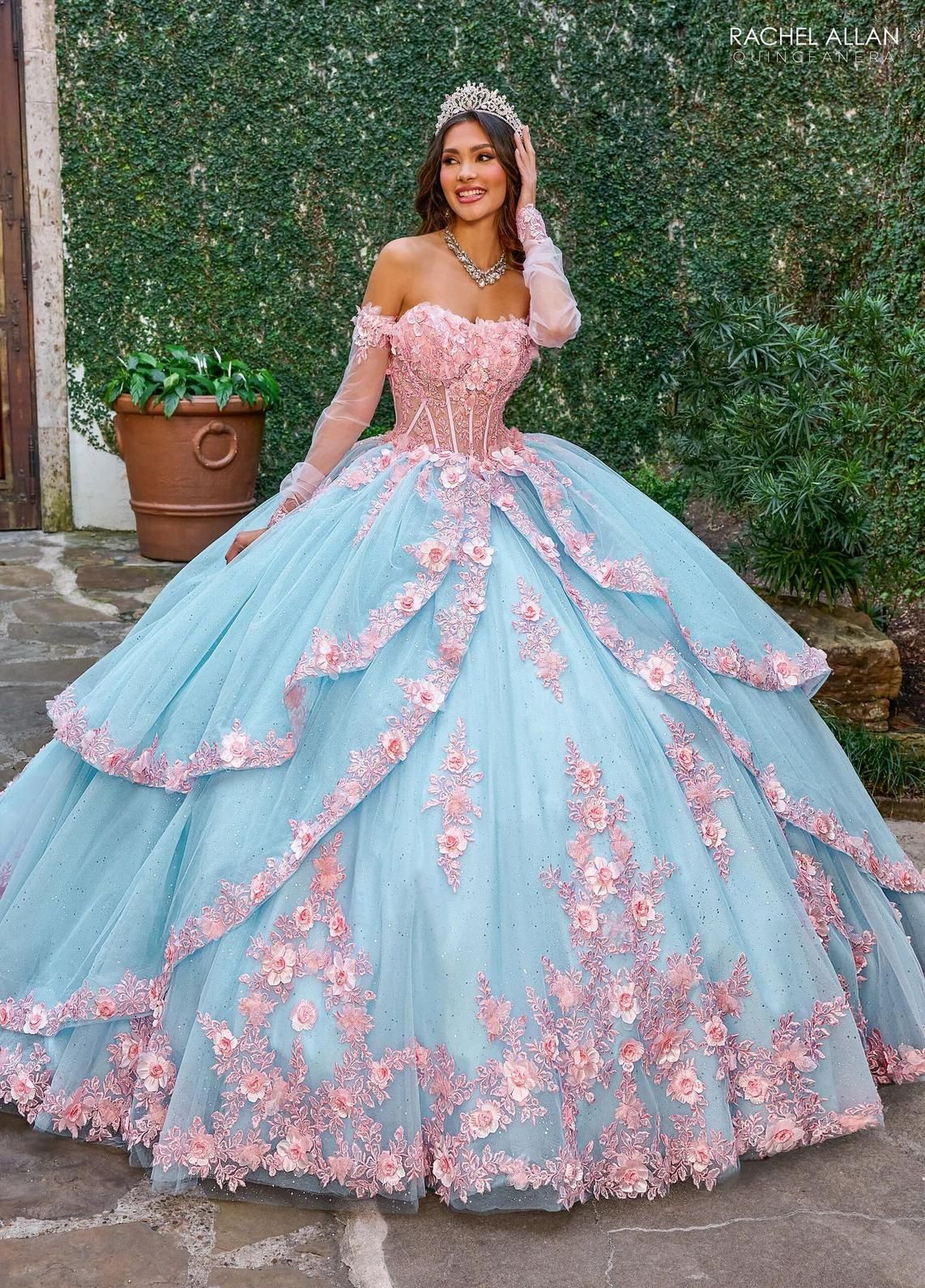 Pink Light Blue Off the Shoulder Floor Length Glitter Tulle Quinceanera Ball Gown with Floral Applique Rachel Allan RQ2196