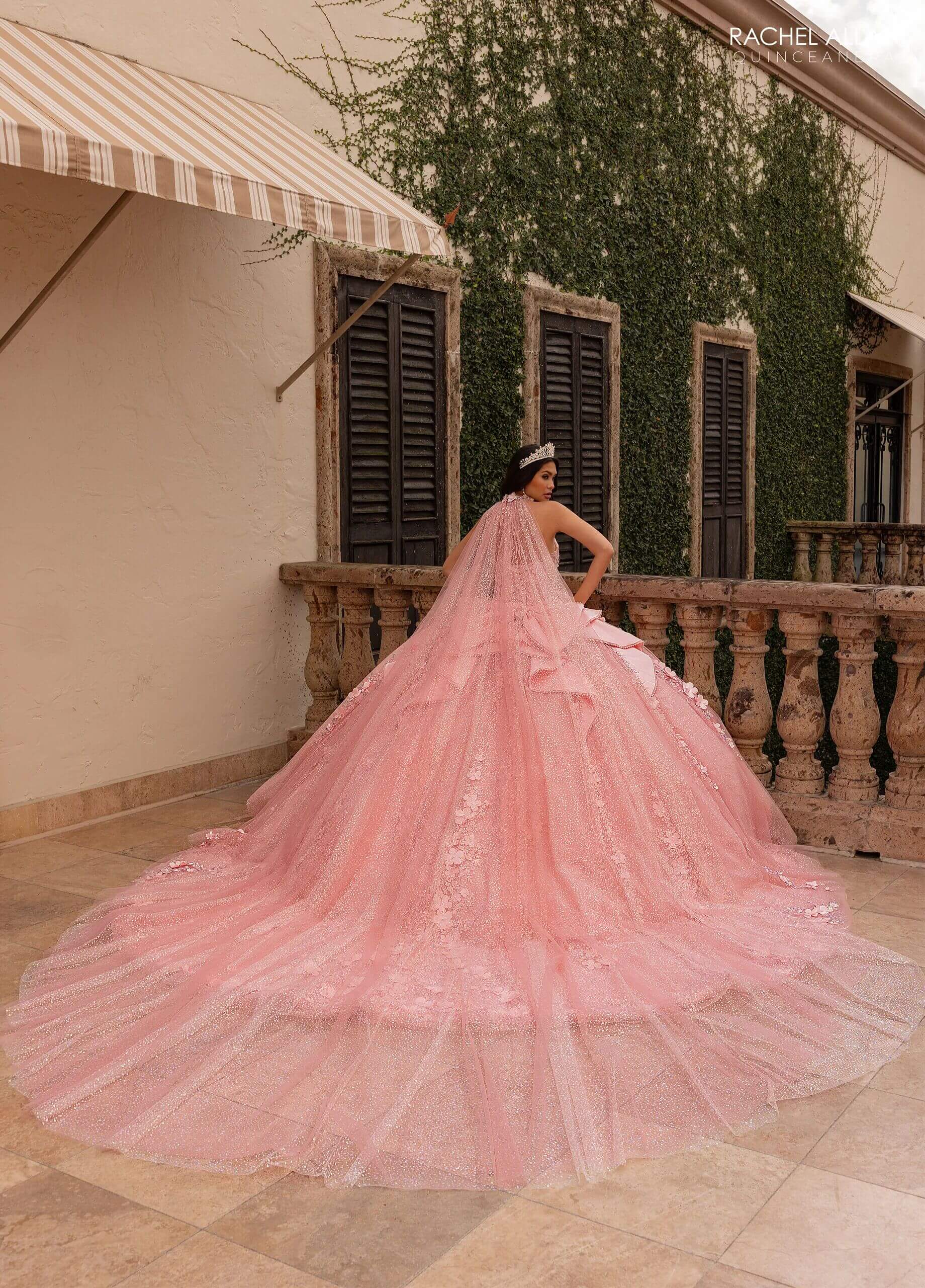 Blush Sweetheart Floor Length Glitter Tulle Quinceanera Ball Gown with 3D Floral Appliques Detachable Bow and Optional Rachel Allan RQ3162