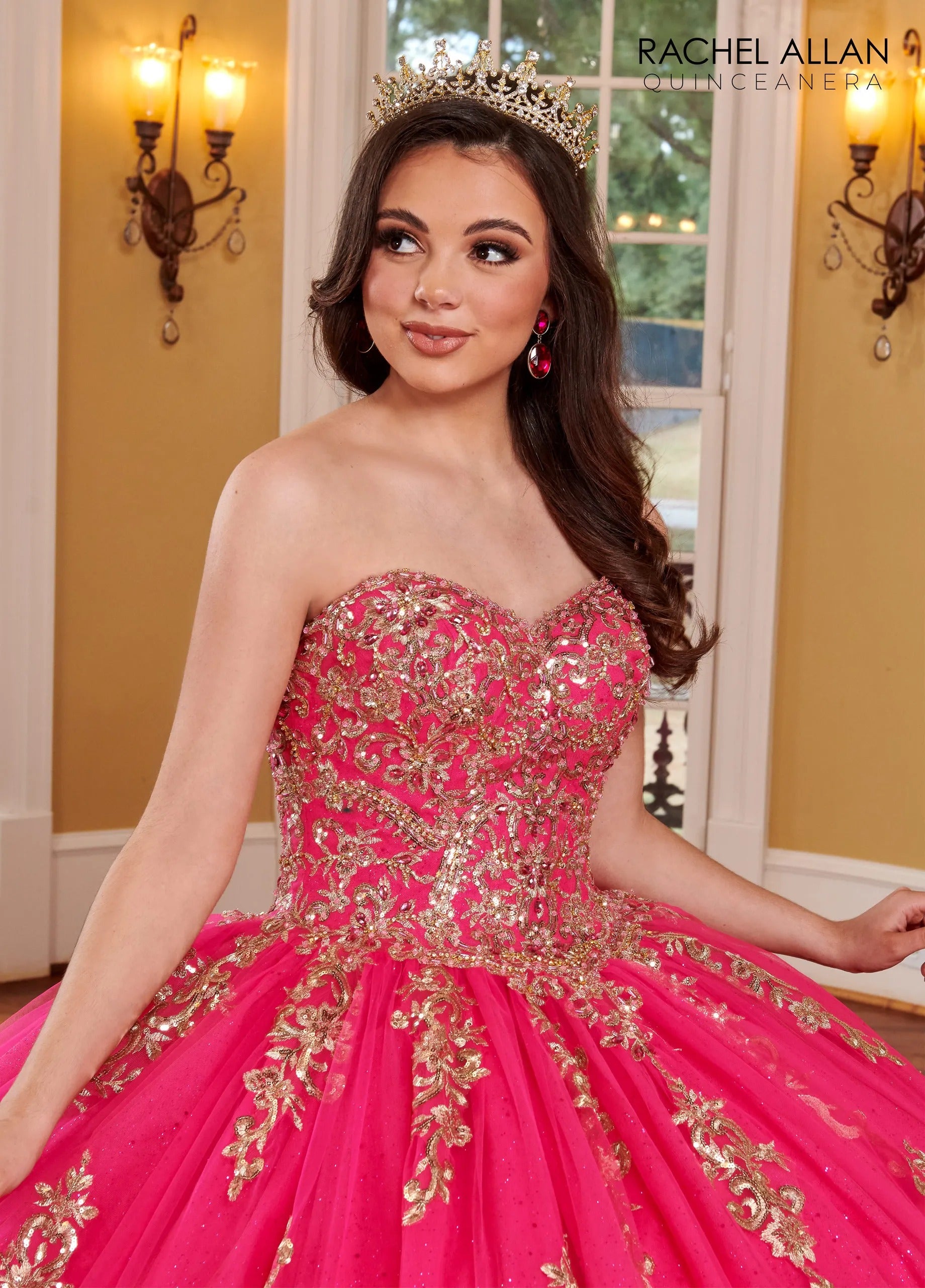 Fuchsia Gold Sweetheart Floor Length Glitter Tulle Quinceanera Ball Gown with Cathedral Train Rachel Allan RQ2170