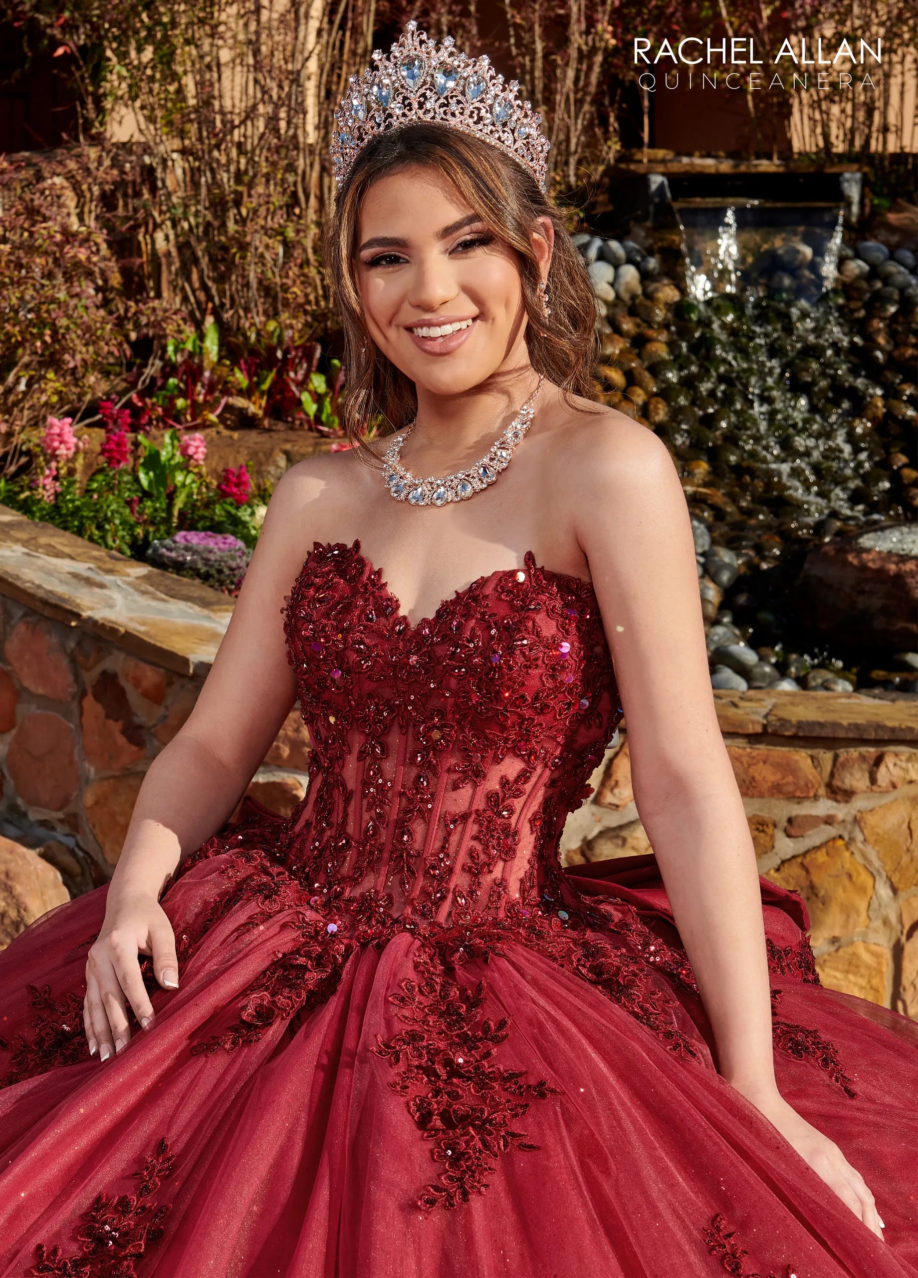 Wine Sweetheart Floor-Length Glitter Tulle Quinceanera Ball Gown with Detachable Feather Sleeves Rachel Allan RQ2171