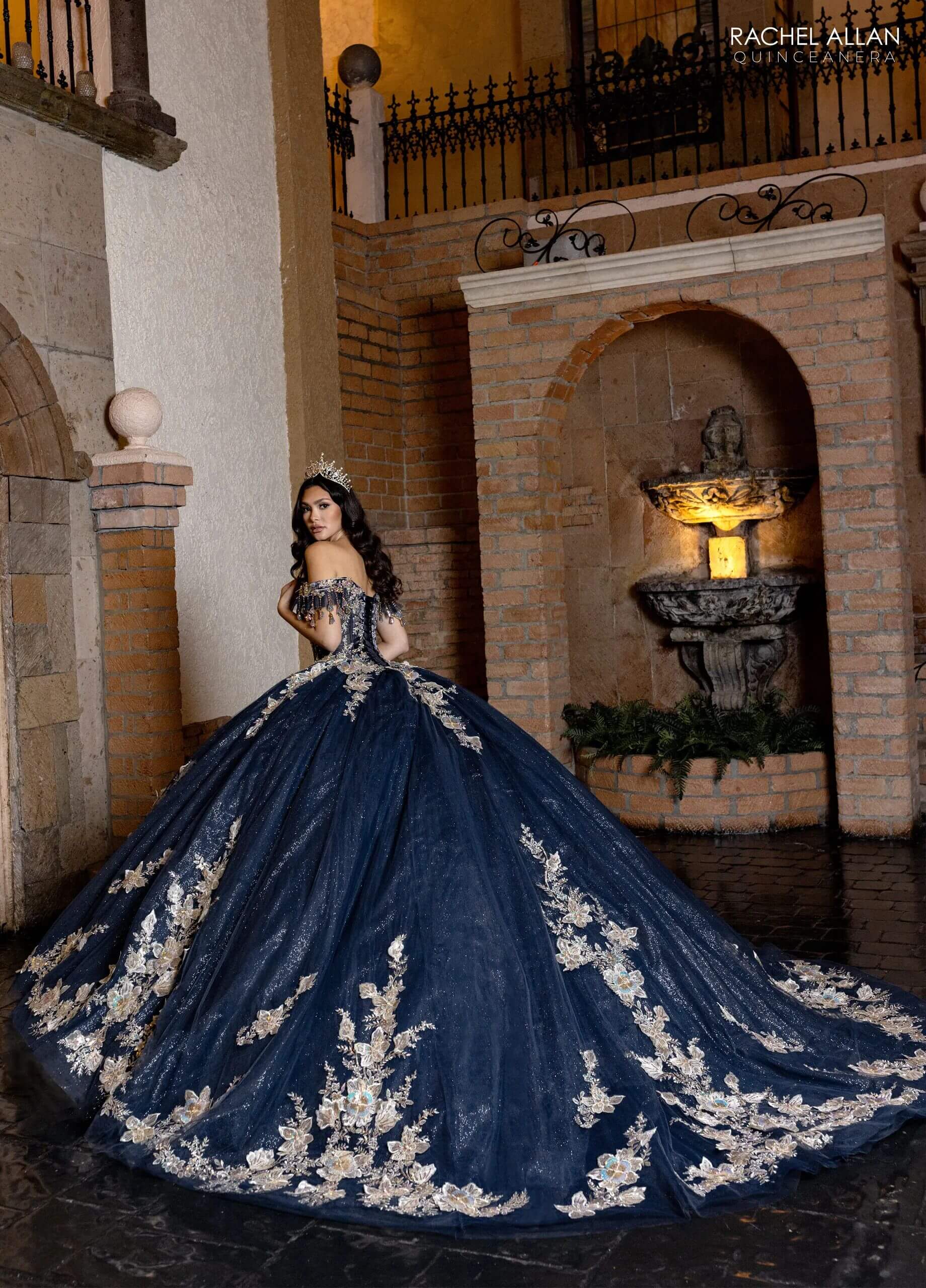 Navy Gold Off the Shoulder Floor Length Glitter Tulle Quinceanera Ball Gown with Detachable Necklace and Bodice Liner Rachel Allan RQ2228