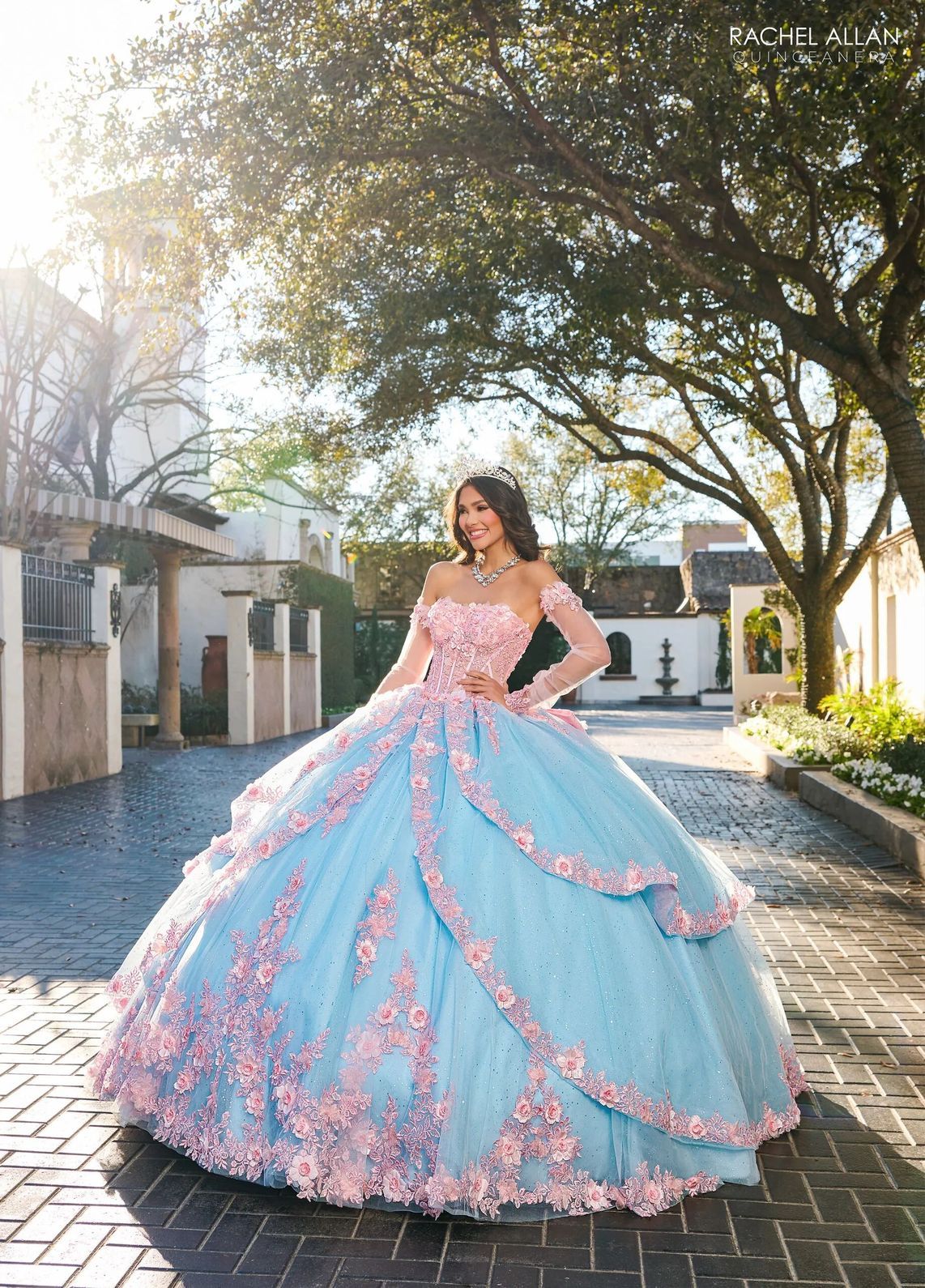 Pink Light Blue Off the Shoulder Floor Length Glitter Tulle Quinceanera Ball Gown with Floral Applique Rachel Allan RQ2196