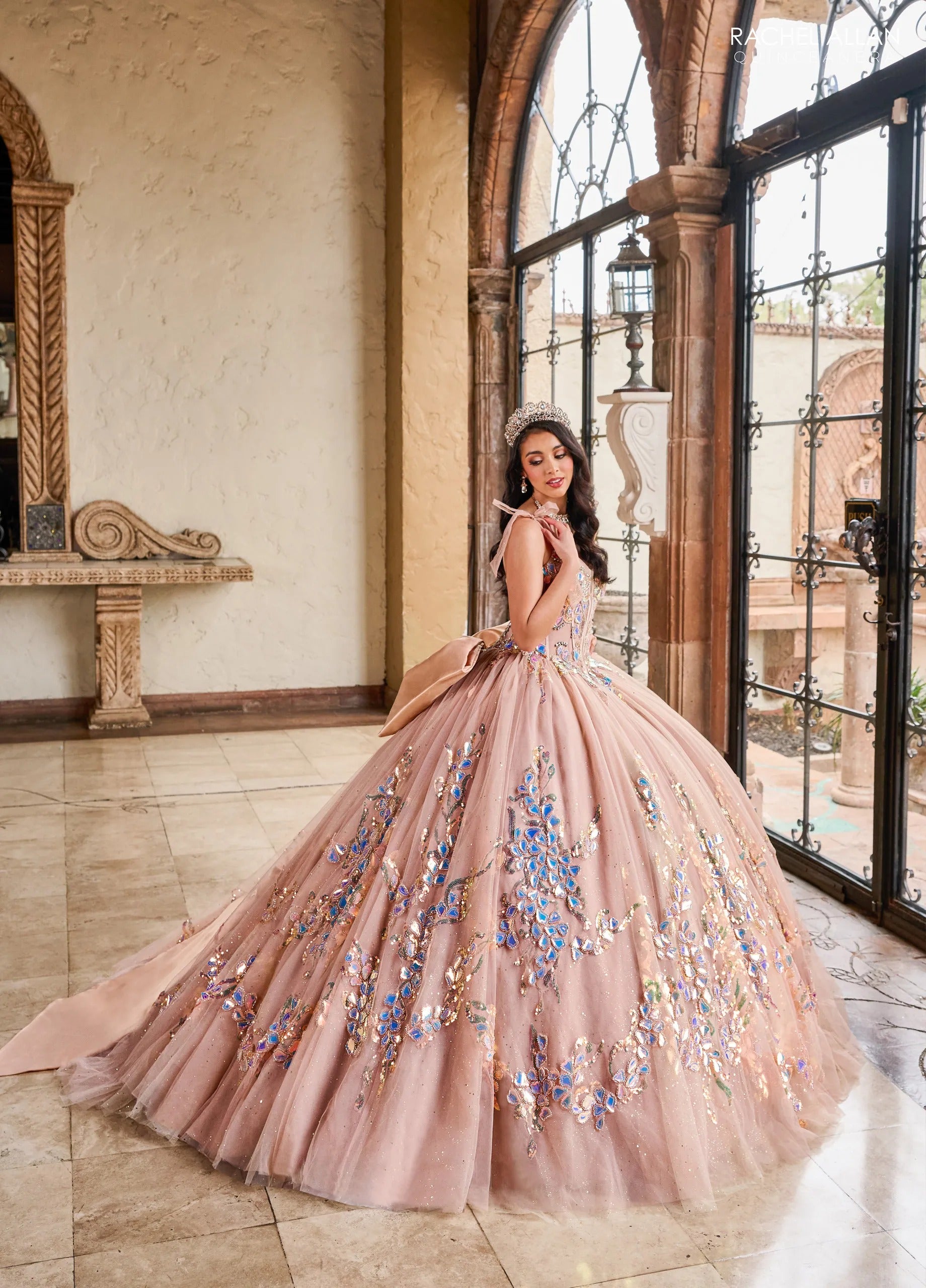 Latte Sweetheart Floor Length Glitter Tulle Quinceanera Ball Gown with Sheer Embroidered Bodice Rachel Allan RQ2203