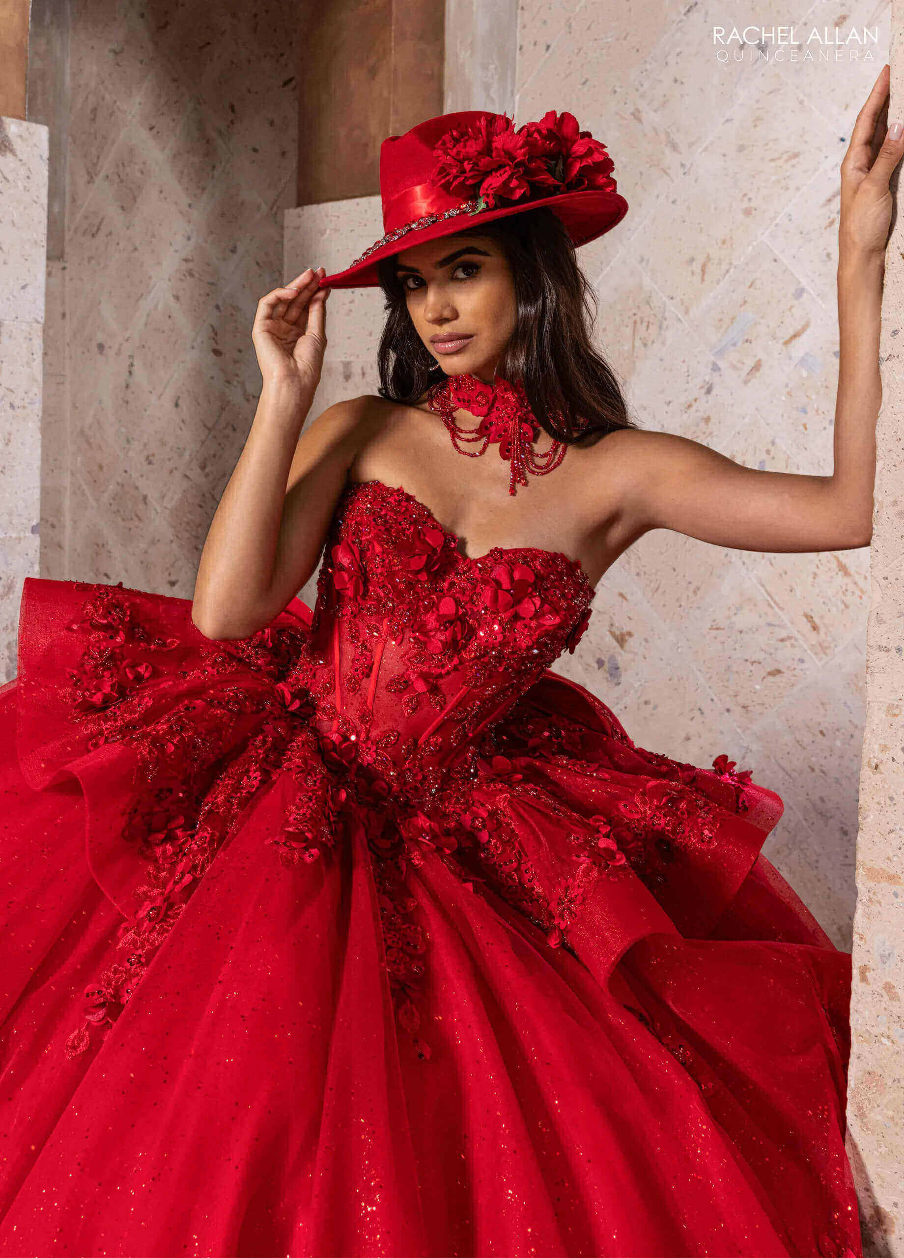 Deep Red Sweetheart Floor Length Glitter Tulle Quinceanera Ball Gown with 3D Floral Applique Rachel Allan RQ2241